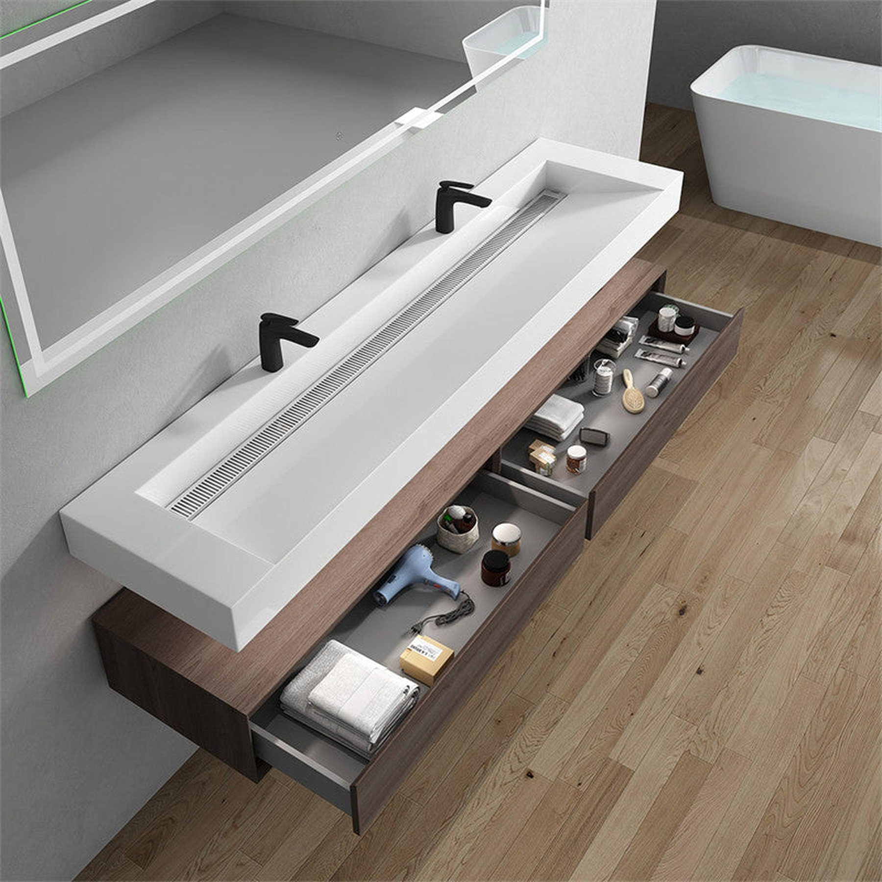Aria 84" Red Oak Floating Vanity With Double Faucet Holes and Reinforced White Acrylic Sink