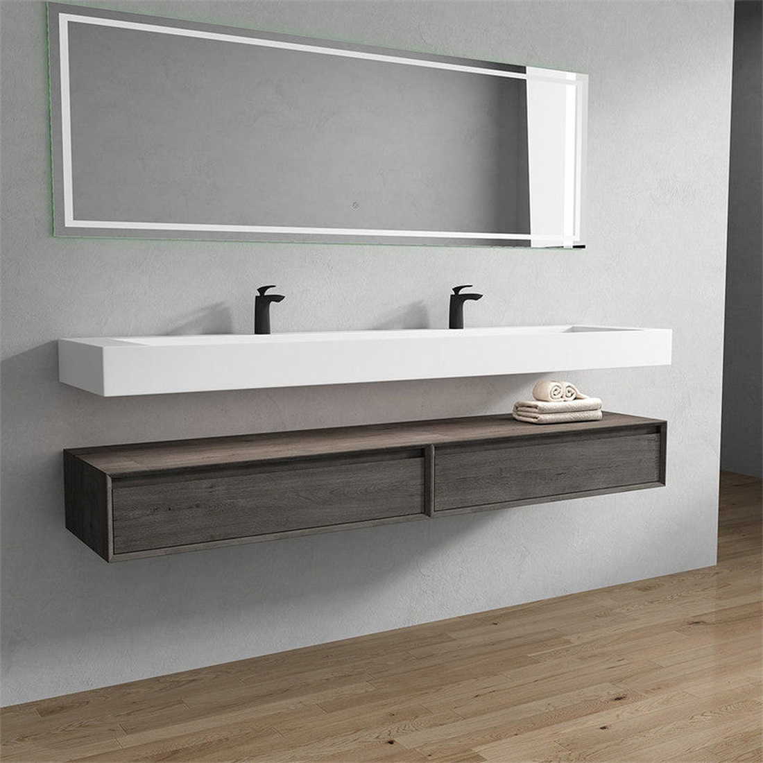 Aria 84" Smoke Oak Floating Vanity With Double Faucet Holes and Reinforced White Acrylic Sink