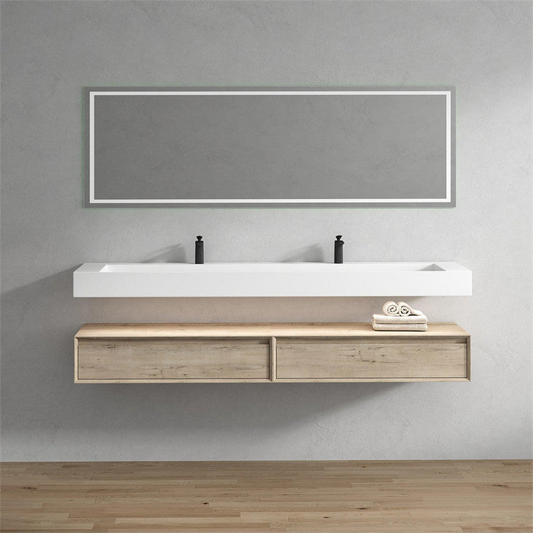 Aria 84" Light Oak Floating Vanity With Double Faucet Holes and Reinforced White Acrylic Sink