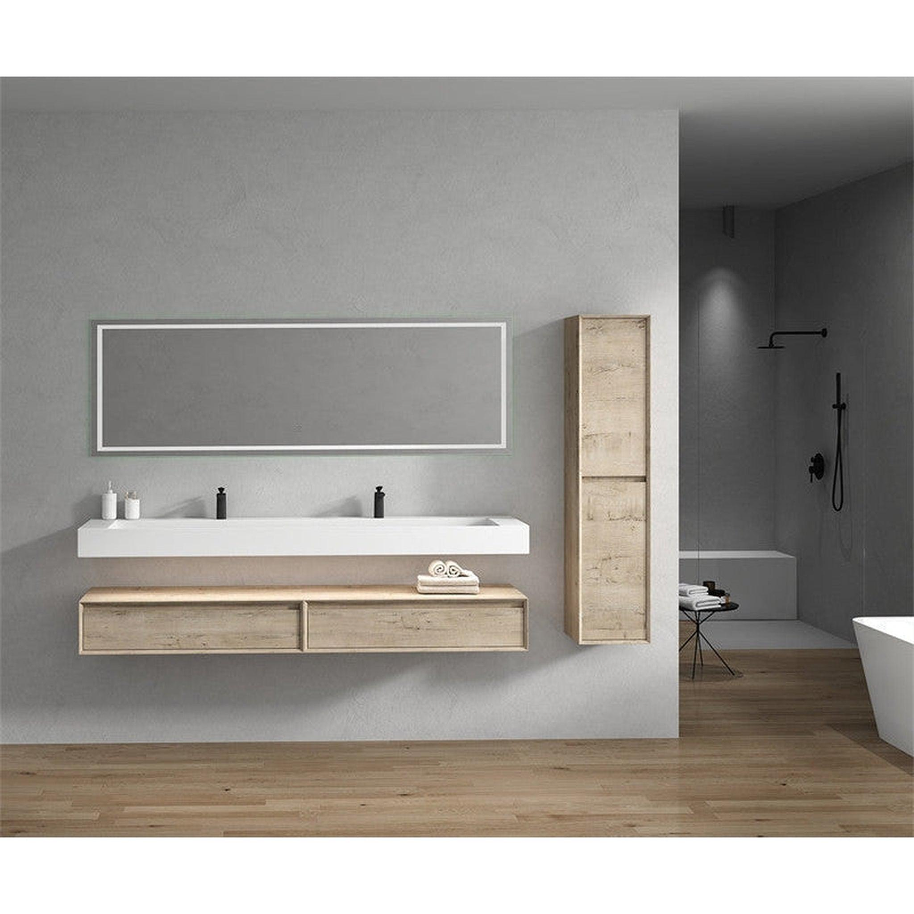Aria 84" Light Oak Floating Vanity With Double Faucet Holes and Reinforced White Acrylic Sink