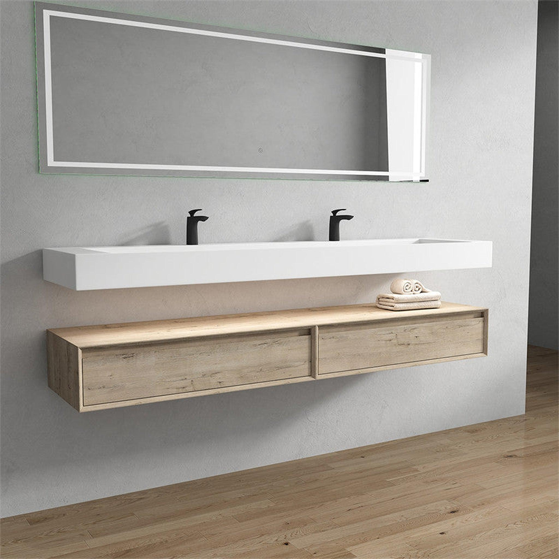 Aria 84" Light Oak Floating Vanity With Double Faucet Holes and Reinforced White Acrylic Sink