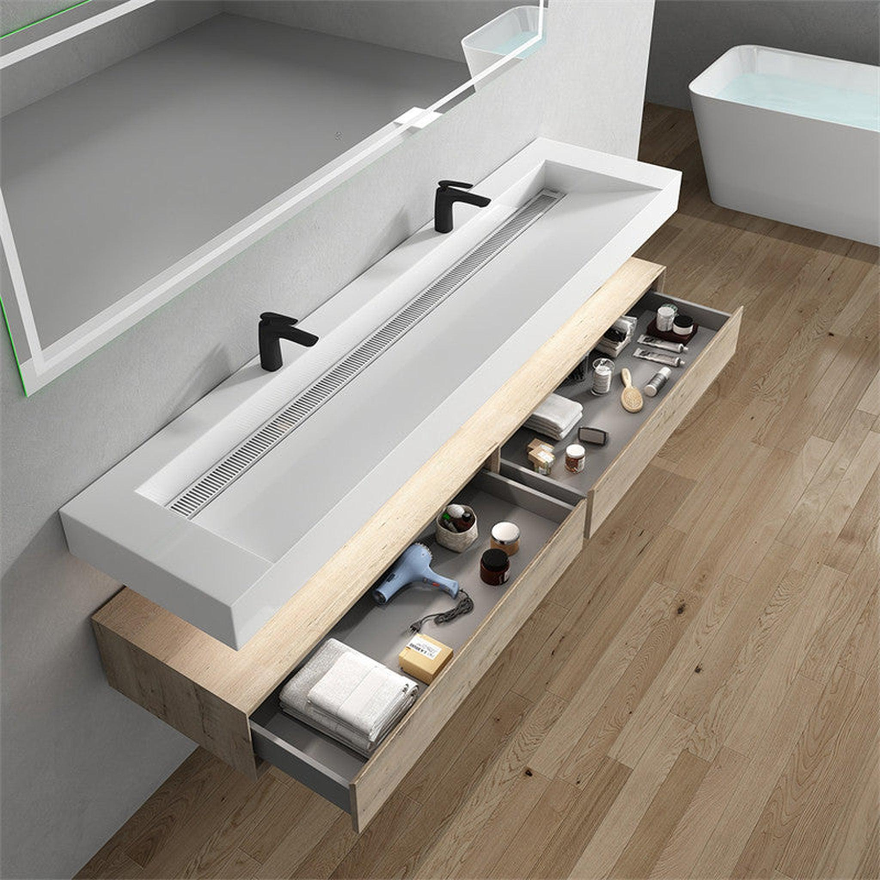 Aria 84" Light Oak Floating Vanity With Double Faucet Holes and Reinforced White Acrylic Sink