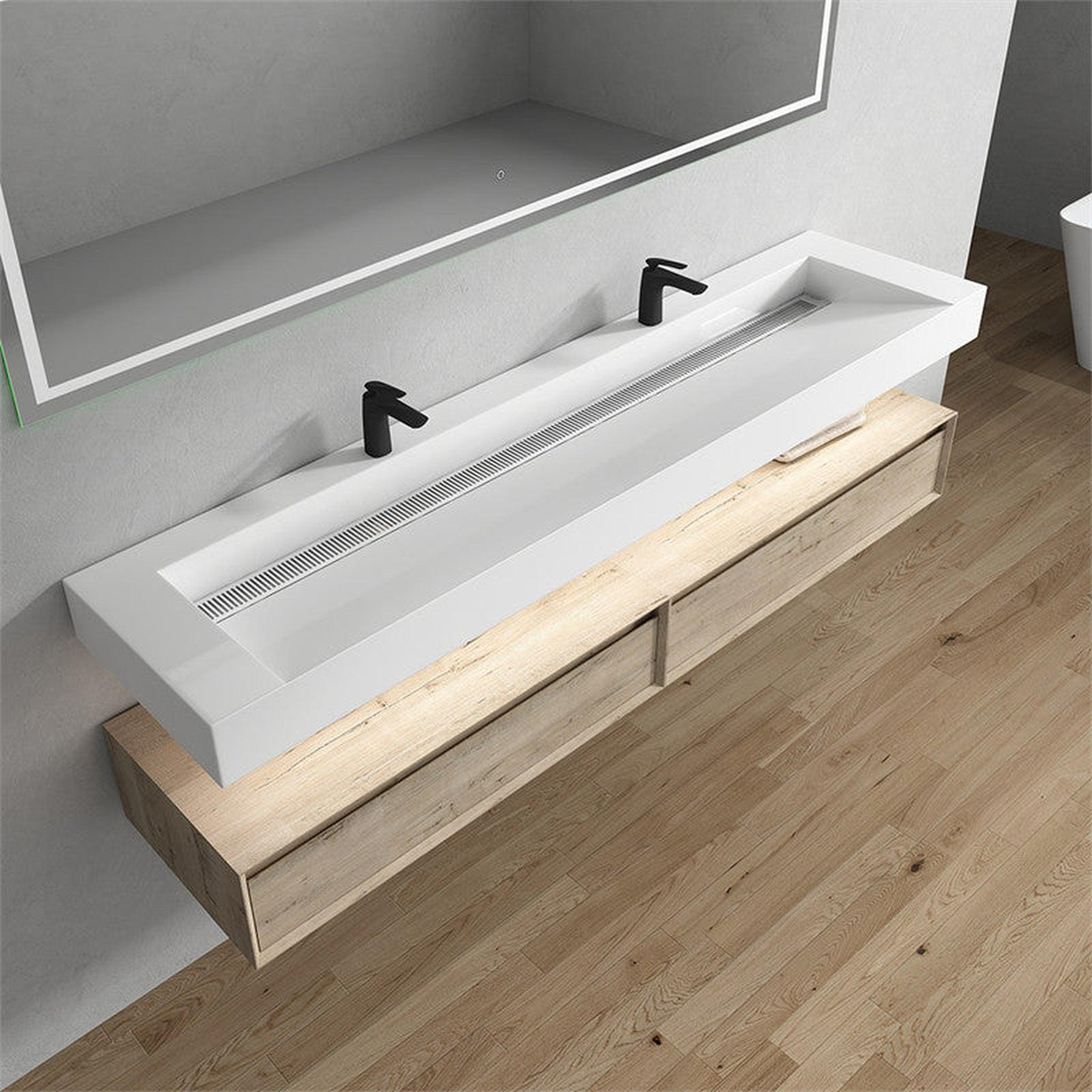 Aria 84" Light Oak Floating Vanity With Double Faucet Holes and Reinforced White Acrylic Sink