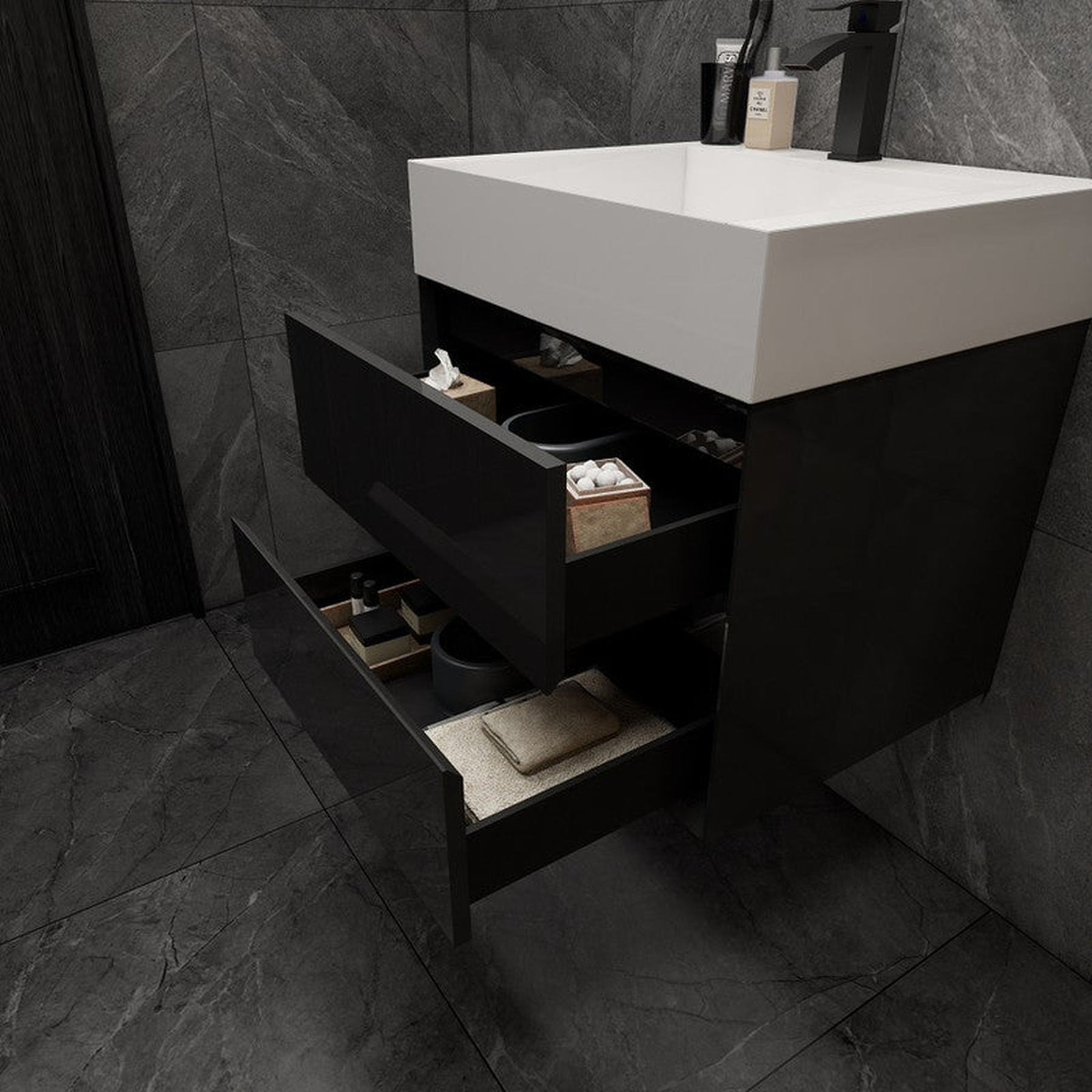 Prime 24" Gloss Black Wall-Mounted Vanity With Single Reinforced White Acrylic Sink
