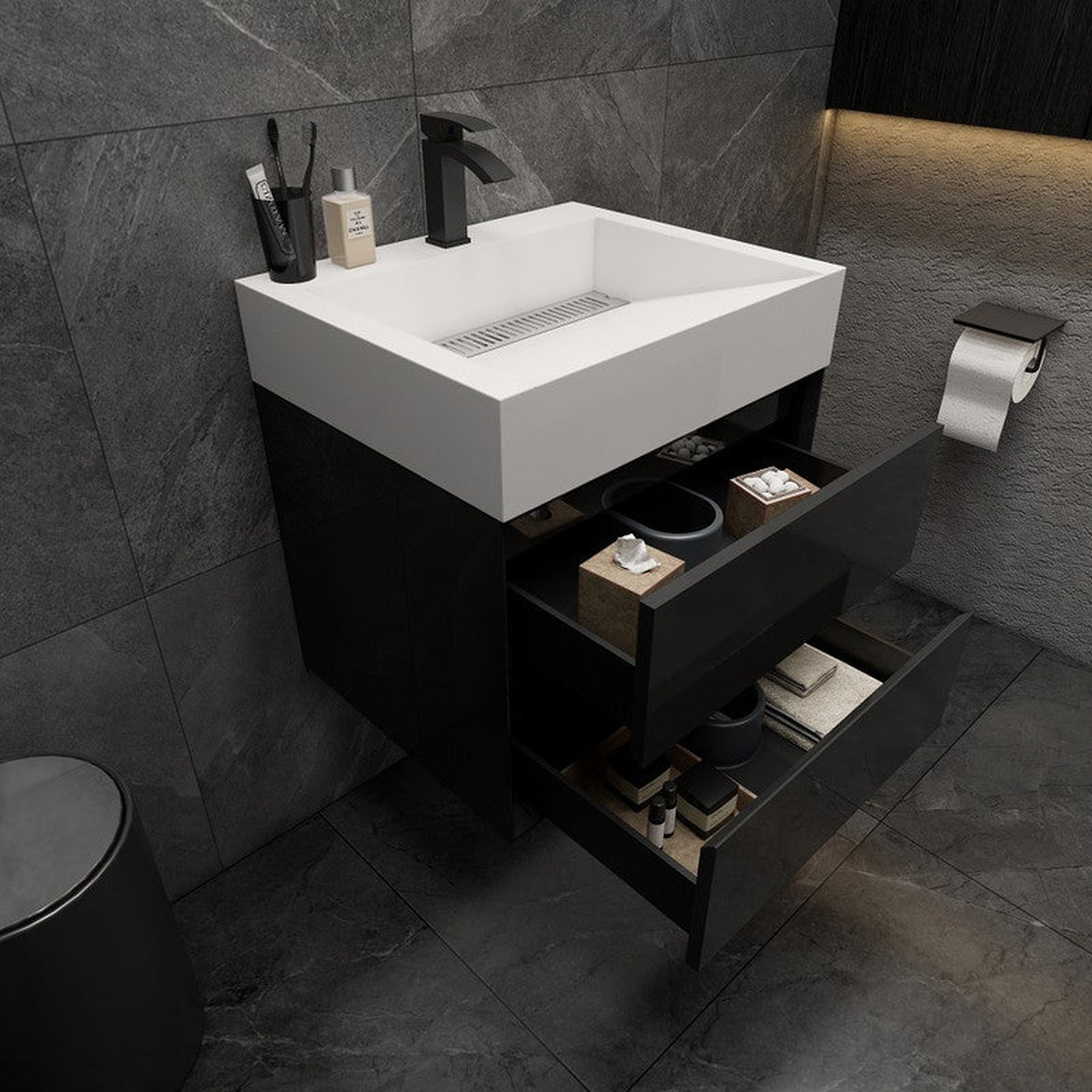 Prime 24" Gloss Black Wall-Mounted Vanity With Single Reinforced White Acrylic Sink