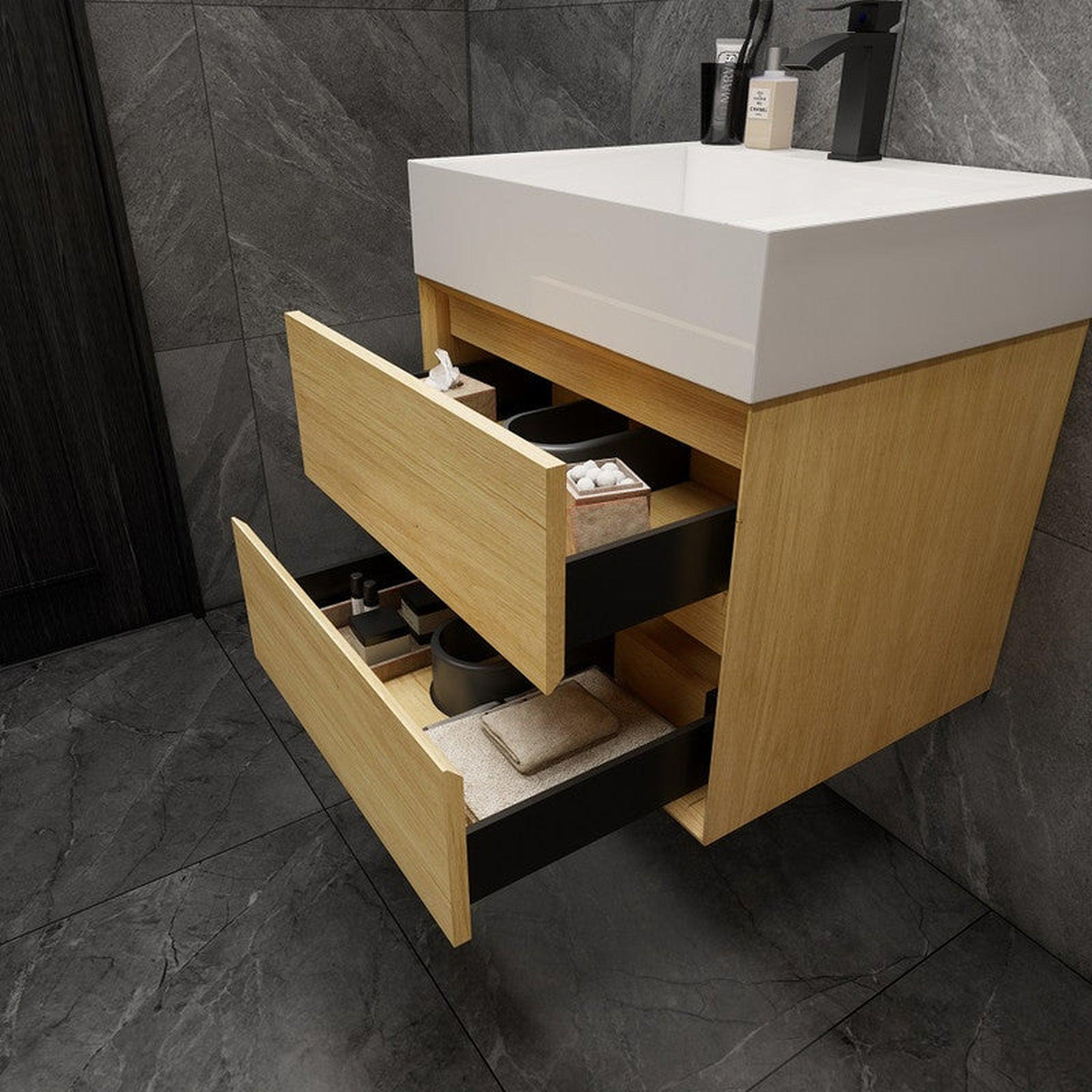 Prime 24" Teak Oak Wall-Mounted Vanity With Single Reinforced White Acrylic Sink