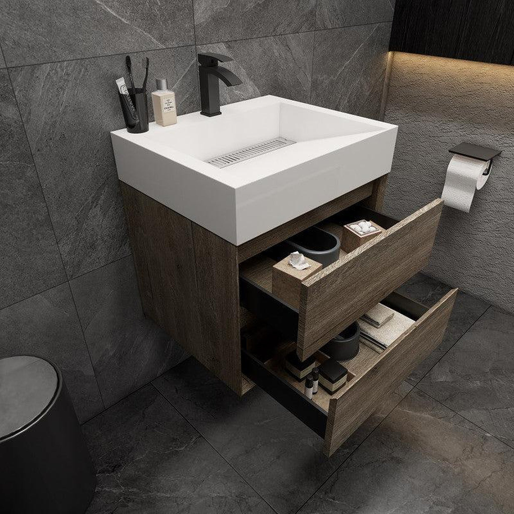 Prime 24" Gray Oak Wall-Mounted Vanity With Single Reinforced White Acrylic Sink