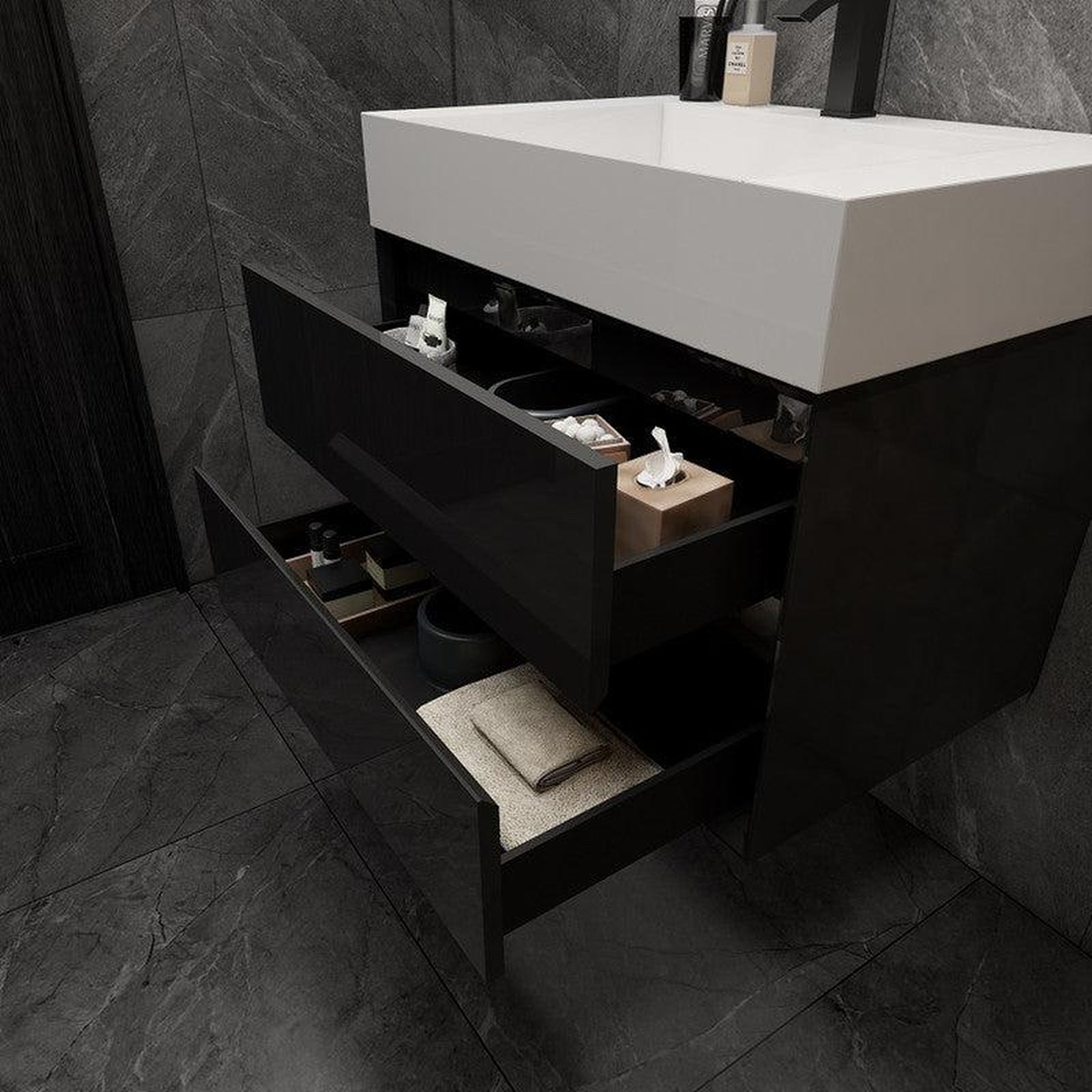 Prime 30" Gloss Black Wall-Mounted Vanity With Single Reinforced White Acrylic Sink