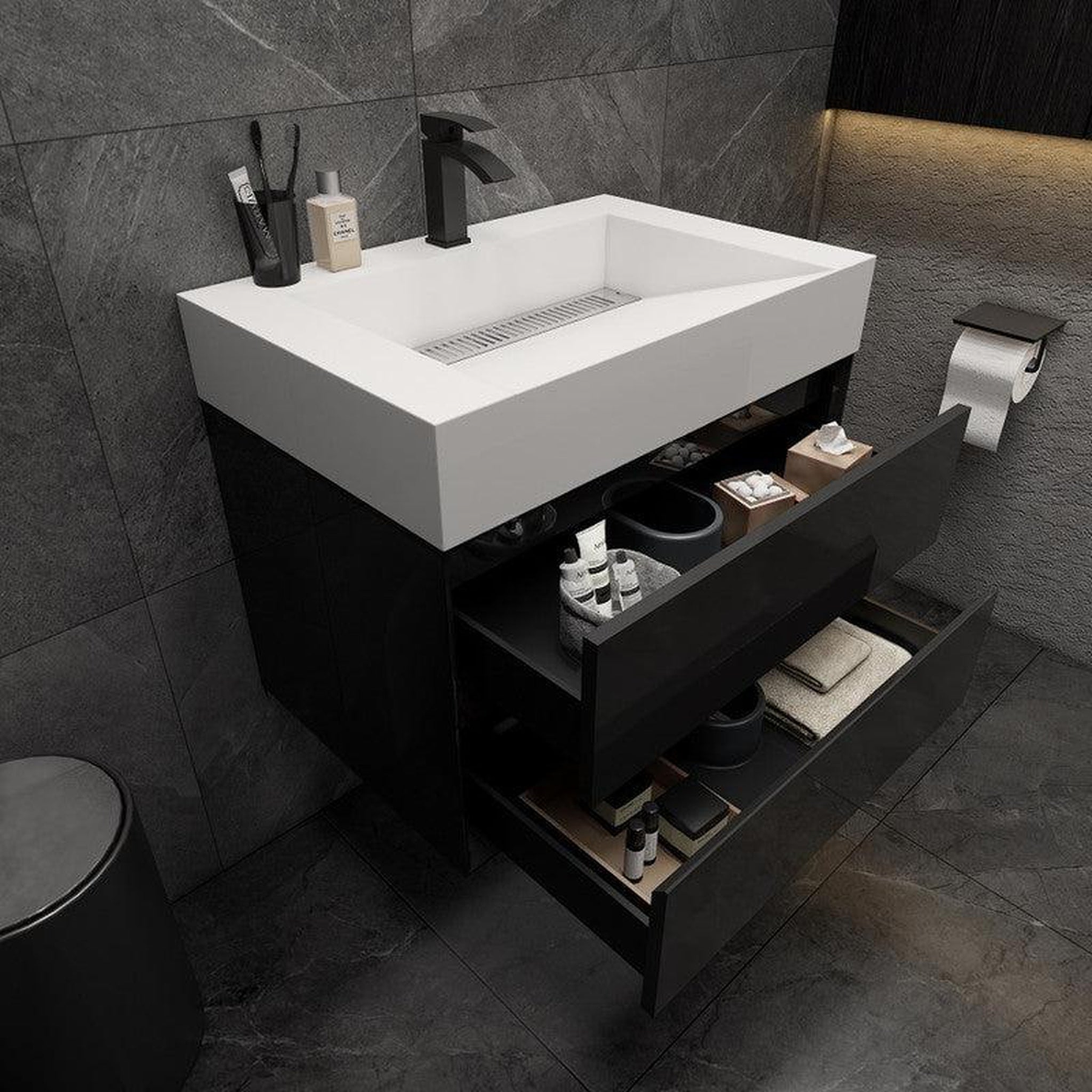 Prime 30" Gloss Black Wall-Mounted Vanity With Single Reinforced White Acrylic Sink