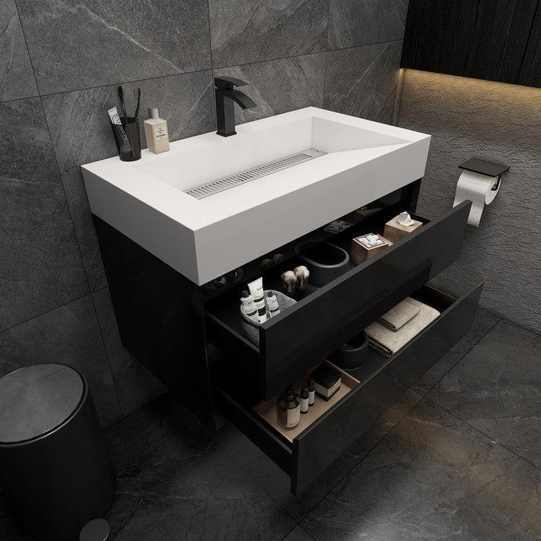 Prime 36" Gloss Black Wall-Mounted Vanity With Single Reinforced White Acrylic Sink