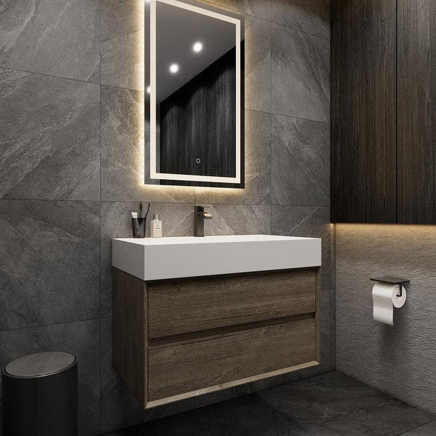 Prime 36" Gray Oak Wall-Mounted Vanity With Single Reinforced White Acrylic Sink