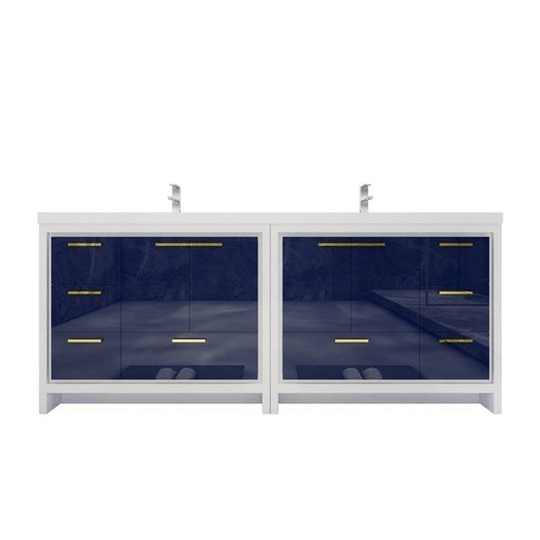 Amara 84" High Gloss Night Blue Freestanding Vanity With Double Reinforced White Acrylic Sinks