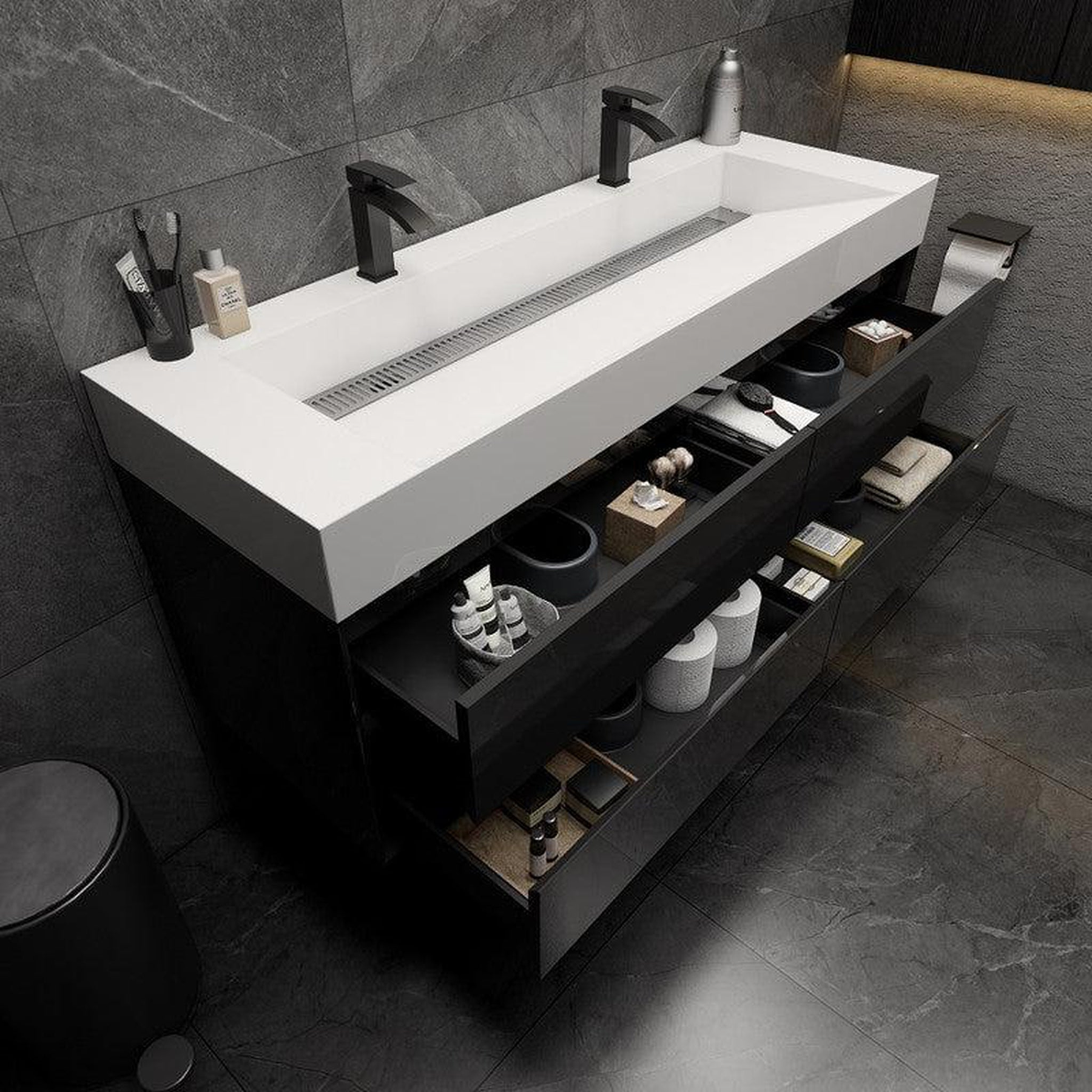 Prime 60" Gloss Black Wall-Mounted Vanity With Double Faucet Holes and Reinforced White Acrylic Sink