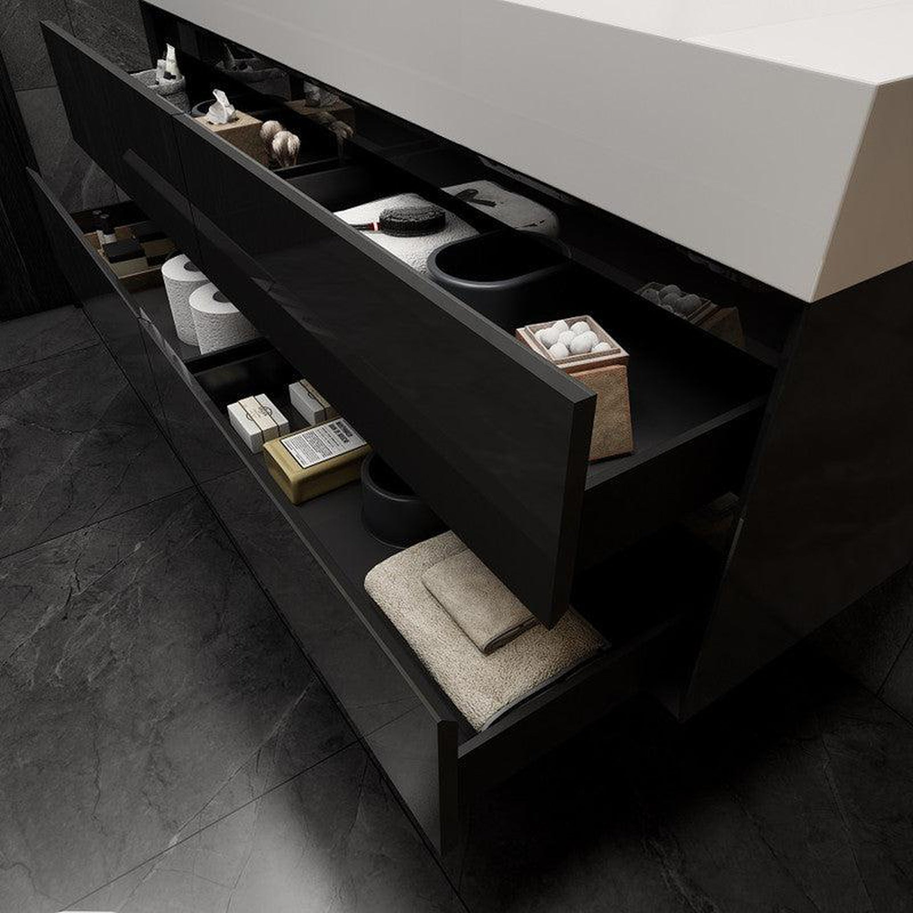 Prime 60" Gloss Black Wall-Mounted Vanity With Double Faucet Holes and Reinforced White Acrylic Sink