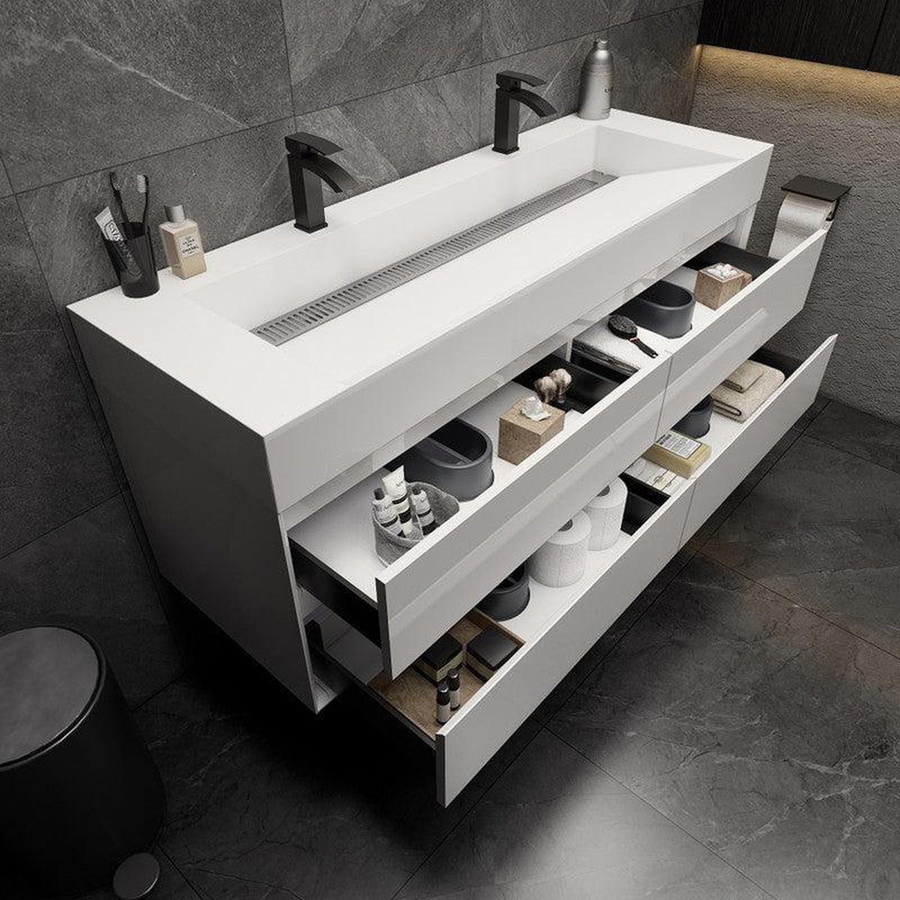 Prime 60" Gloss White Wall-Mounted Vanity With Double Faucet Holes and Reinforced White Acrylic Sink