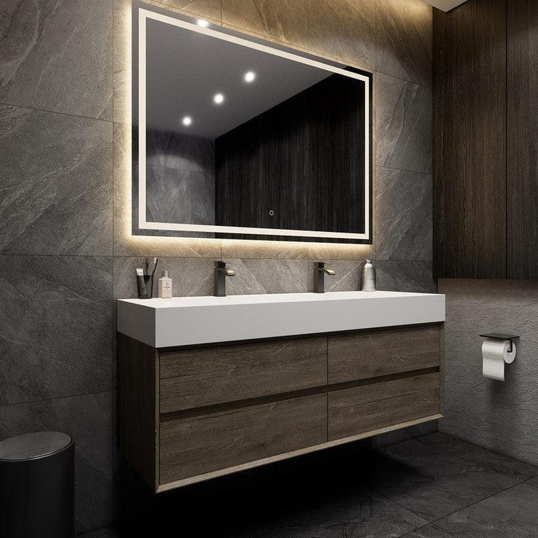 Prime 60" Gray Oak Wall-Mounted Vanity With Double Faucet Holes and Reinforced White Acrylic Sink
