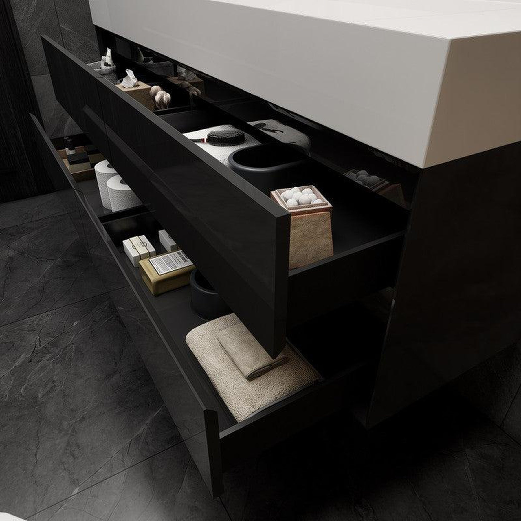 Prime 60" Gloss Black Wall-Mounted Vanity With Single Faucet Hole and Reinforced White Acrylic Sink