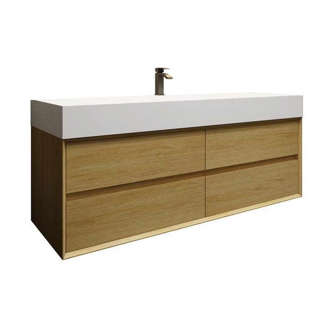 Prime 60" Teak Oak Wall-Mounted Vanity With Single Faucet Hole and Reinforced White Acrylic Sink