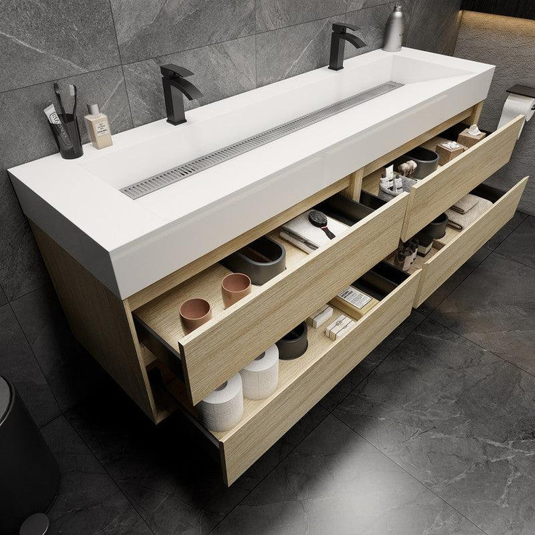 Prime 72" Coffee Wood Wall-Mounted Vanity With Double Faucet Holes and Reinforced White Acrylic Sink