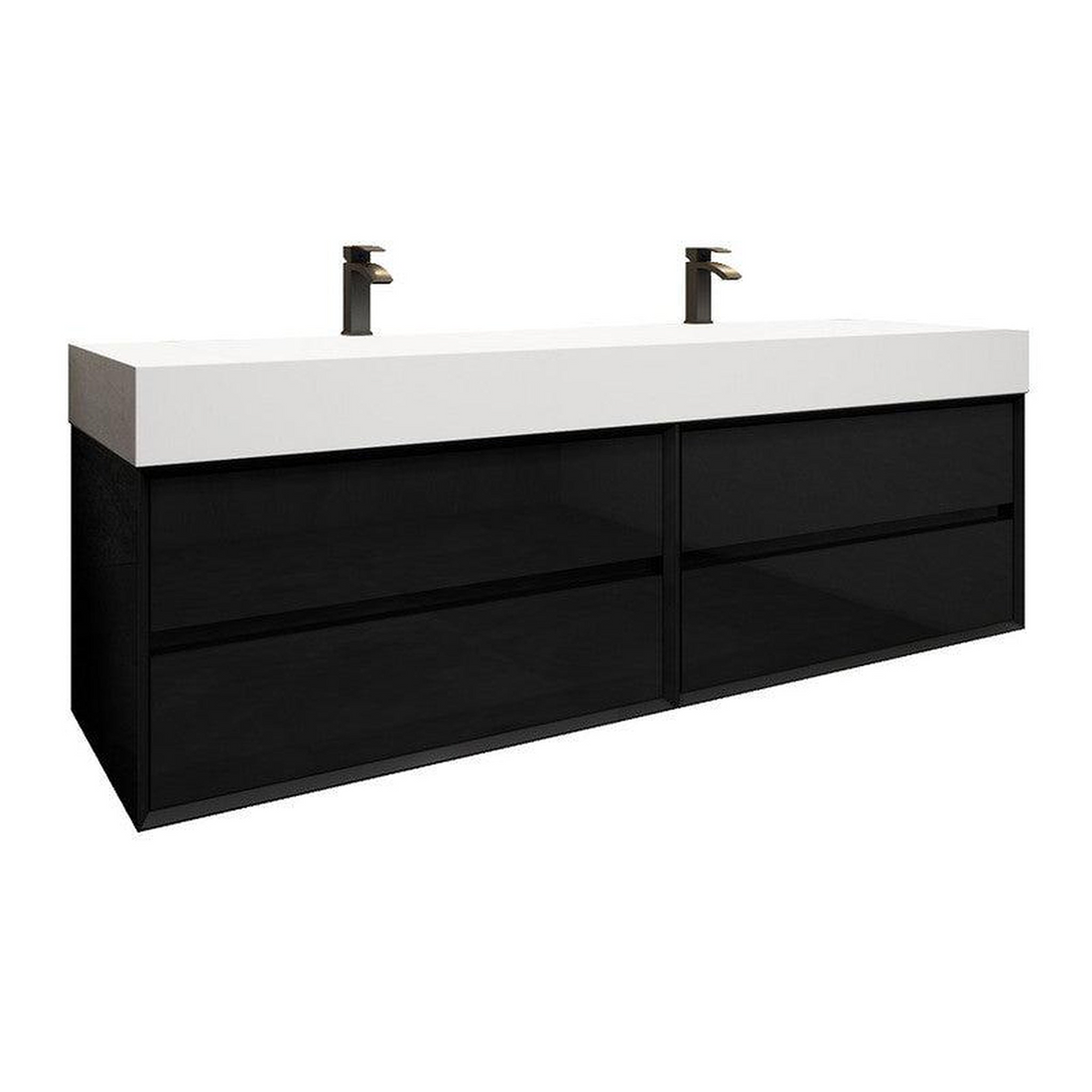 Prime 72" Gloss Black Wall-Mounted Vanity With Double Faucet Holes and Reinforced White Acrylic Sink