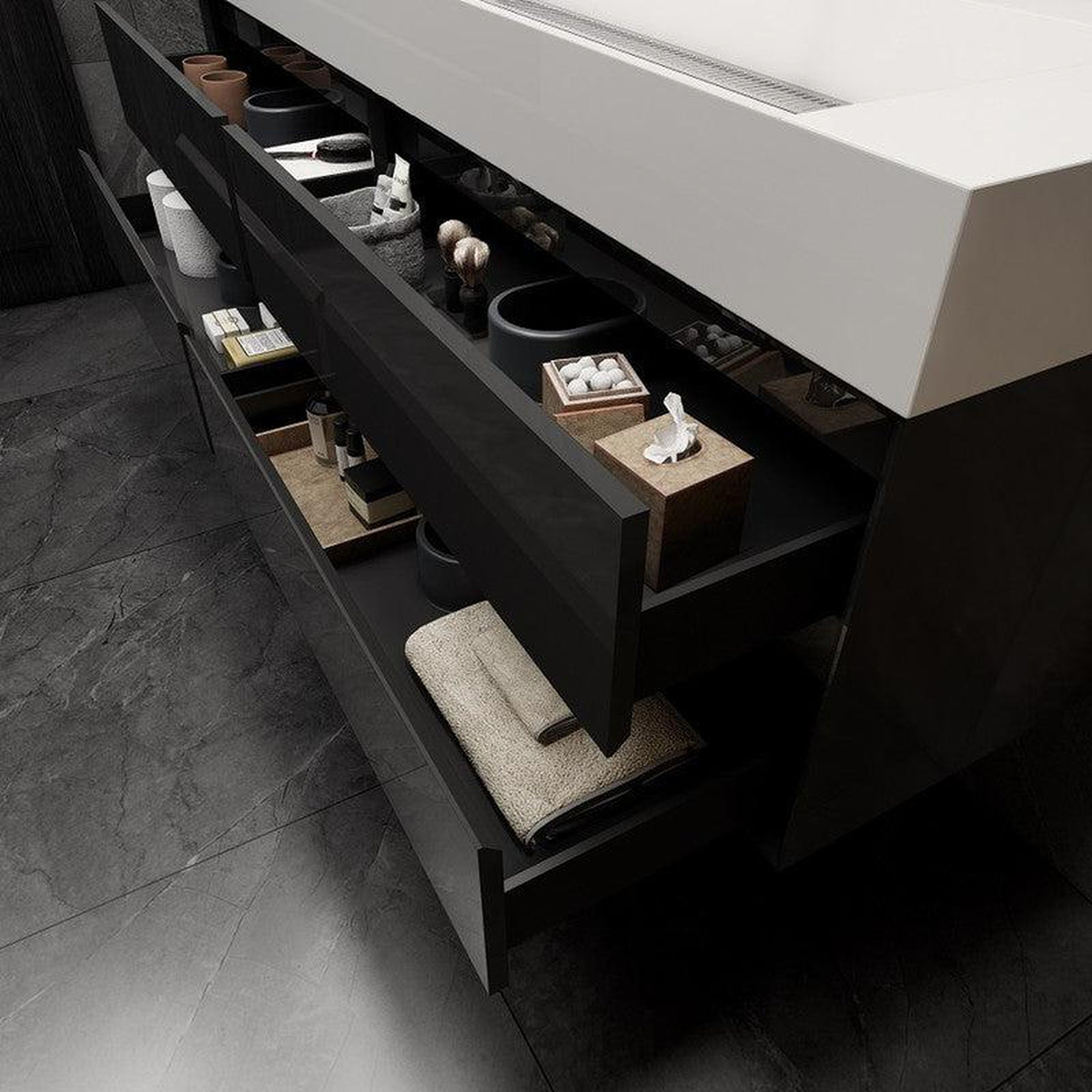 Prime 72" Gloss Black Wall-Mounted Vanity With Double Faucet Holes and Reinforced White Acrylic Sink