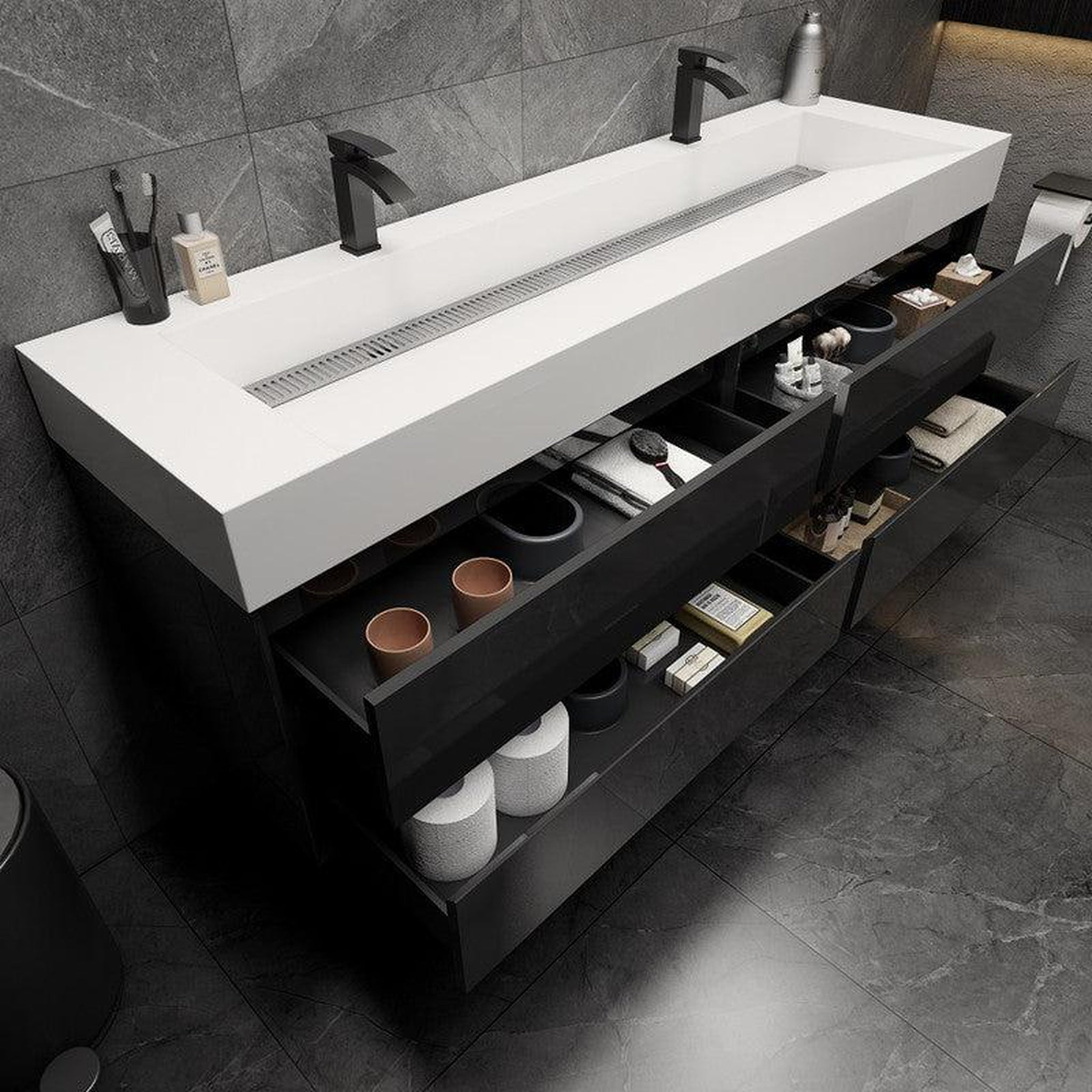 Prime 72" Gloss Black Wall-Mounted Vanity With Double Faucet Holes and Reinforced White Acrylic Sink