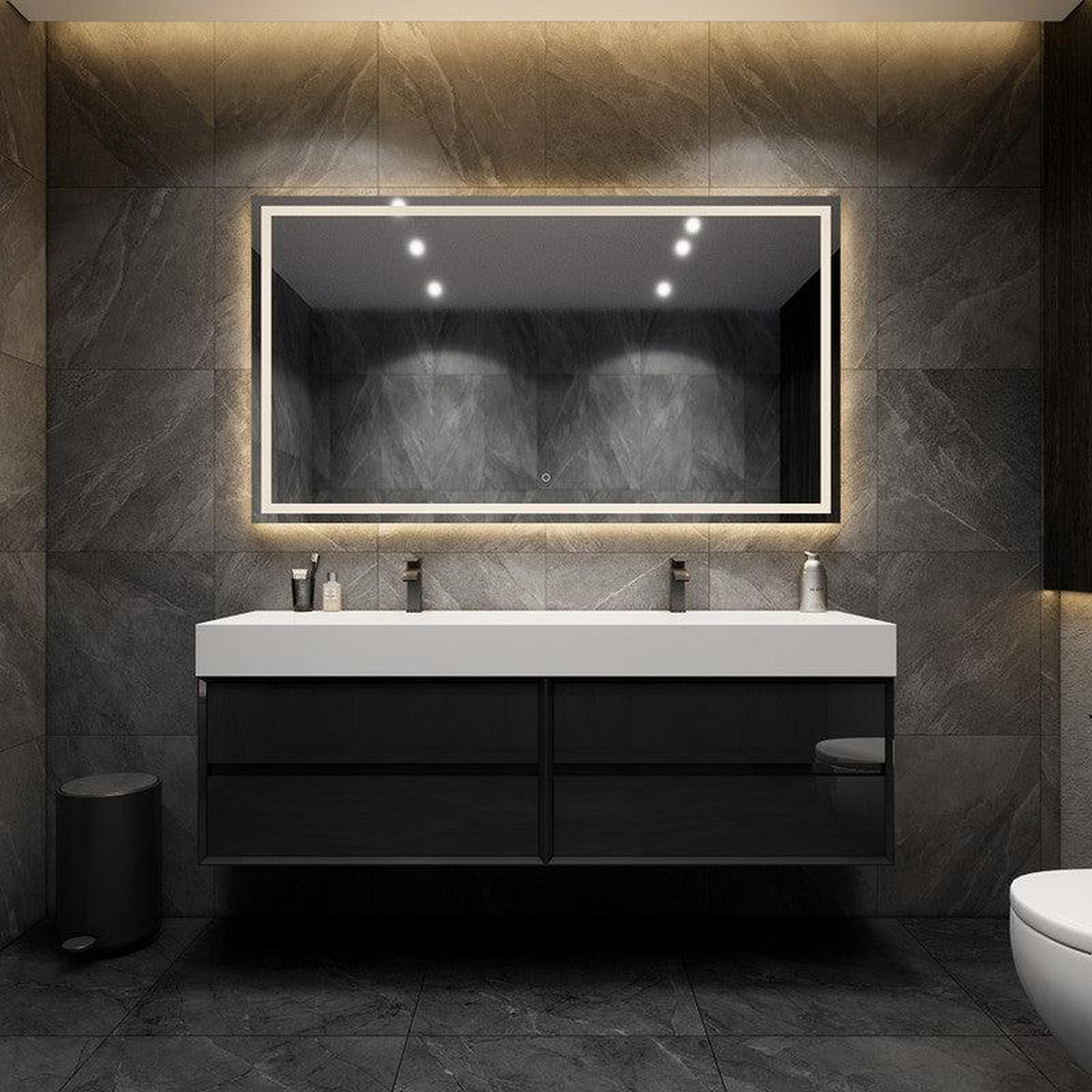 Prime 72" Gloss Black Wall-Mounted Vanity With Double Faucet Holes and Reinforced White Acrylic Sink