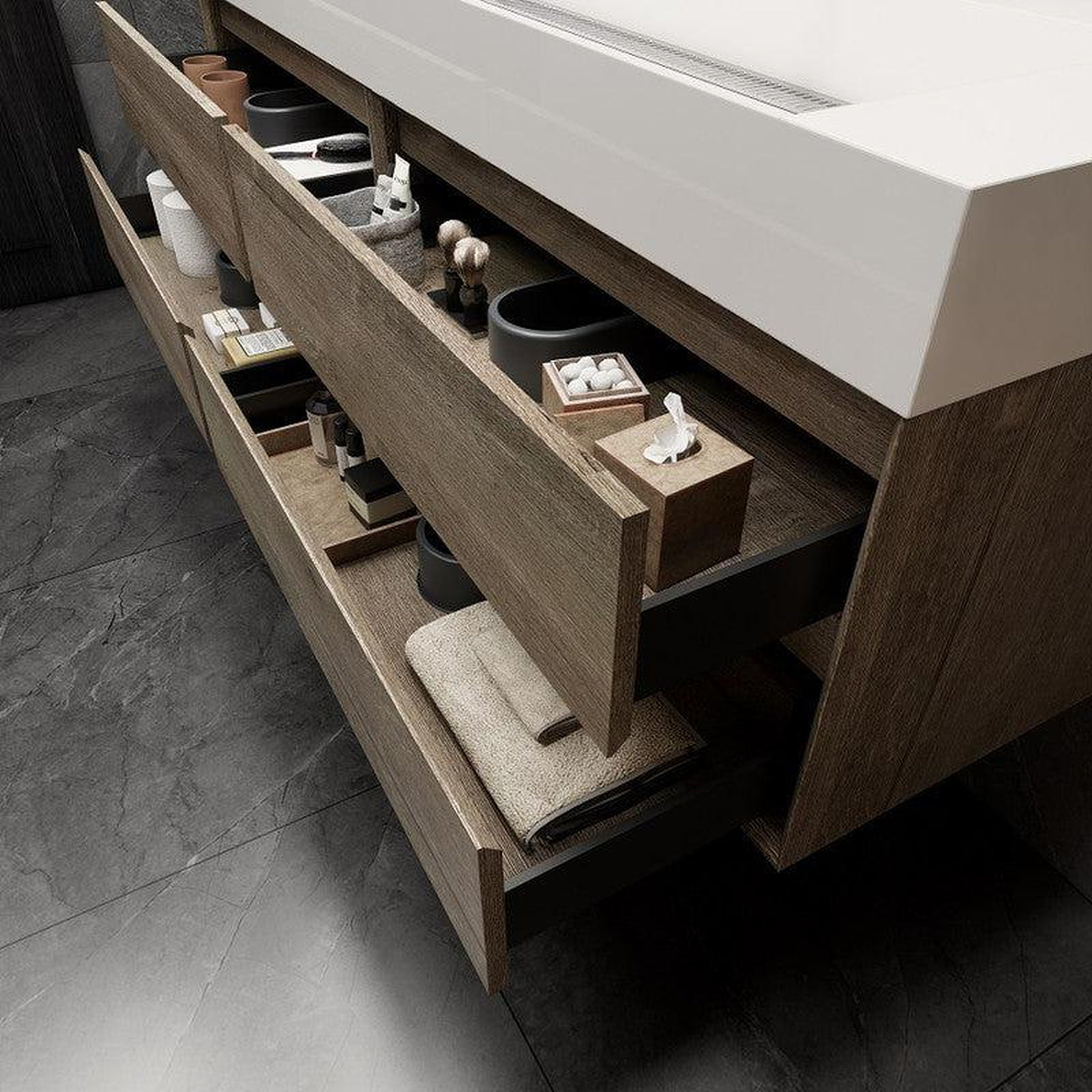 Prime 72" Gray Oak Wall-Mounted Vanity With Double Faucet Holes and Reinforced White Acrylic Sink