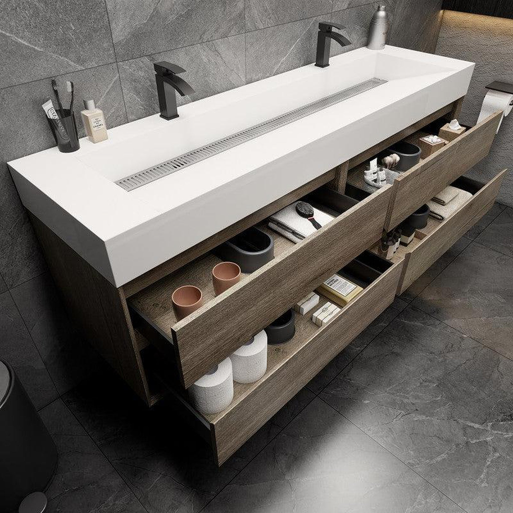 Prime 72" Gray Oak Wall-Mounted Vanity With Double Faucet Holes and Reinforced White Acrylic Sink