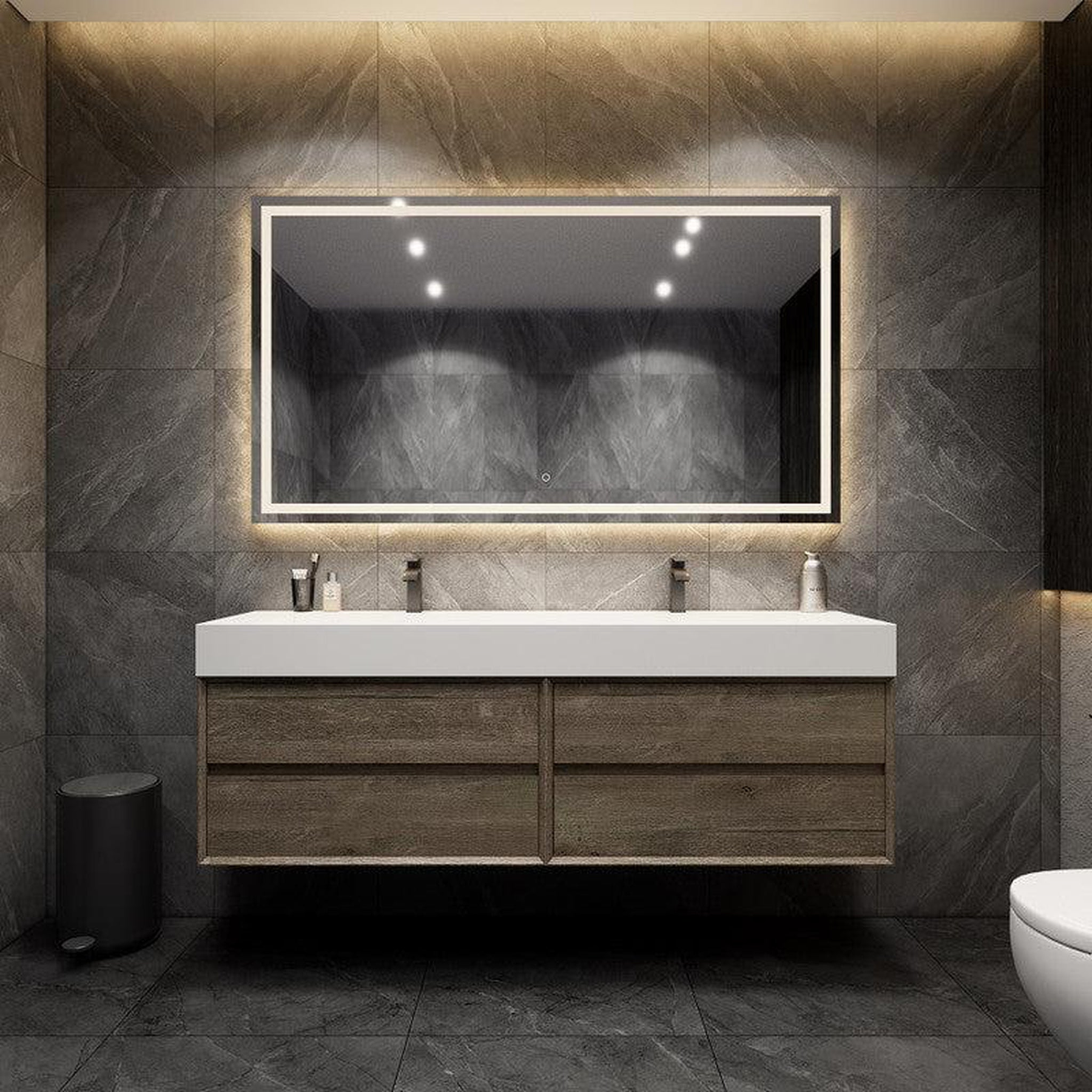 Prime 72" Gray Oak Wall-Mounted Vanity With Double Faucet Holes and Reinforced White Acrylic Sink