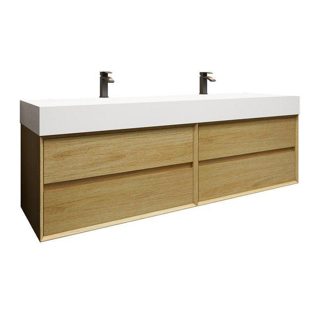 Prime 72" Teak Oak Wall-Mounted Vanity With Double Faucet Holes and Reinforced White Acrylic Sink