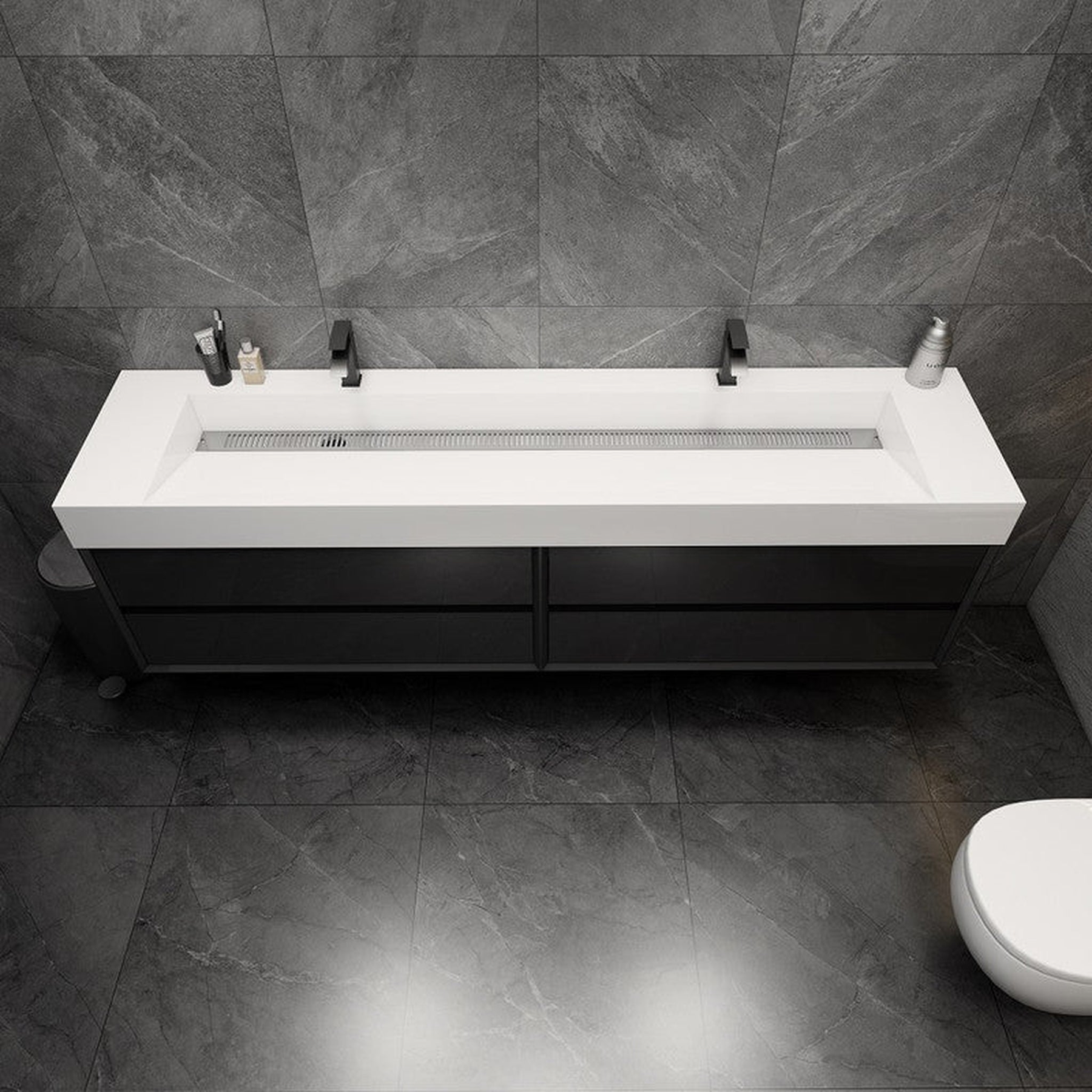 Prime 84" Gloss Black Wall-Mounted Vanity With Double Faucet Holes and Reinforced White Acrylic Sink