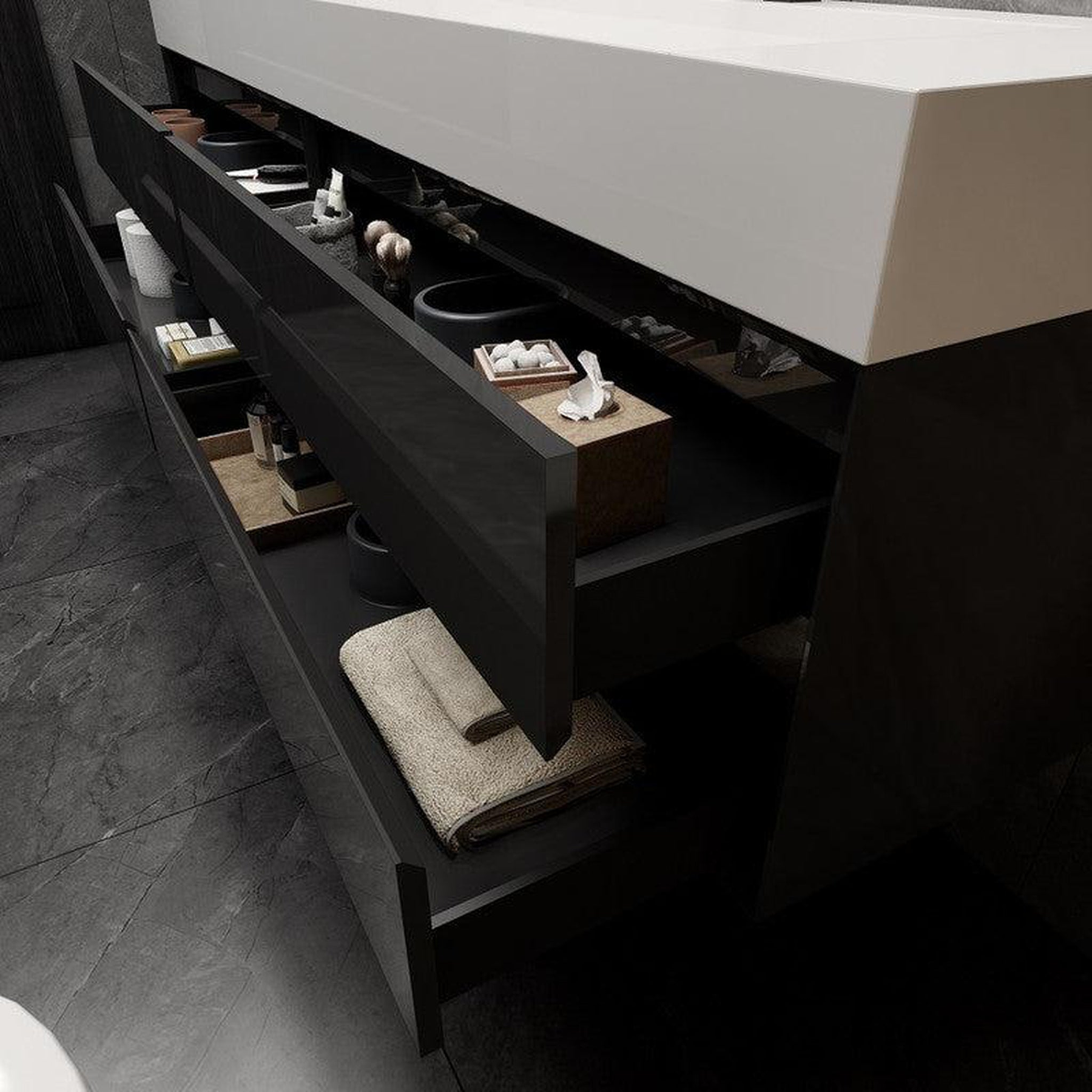 Prime 84" Gloss Black Wall-Mounted Vanity With Double Faucet Holes and Reinforced White Acrylic Sink
