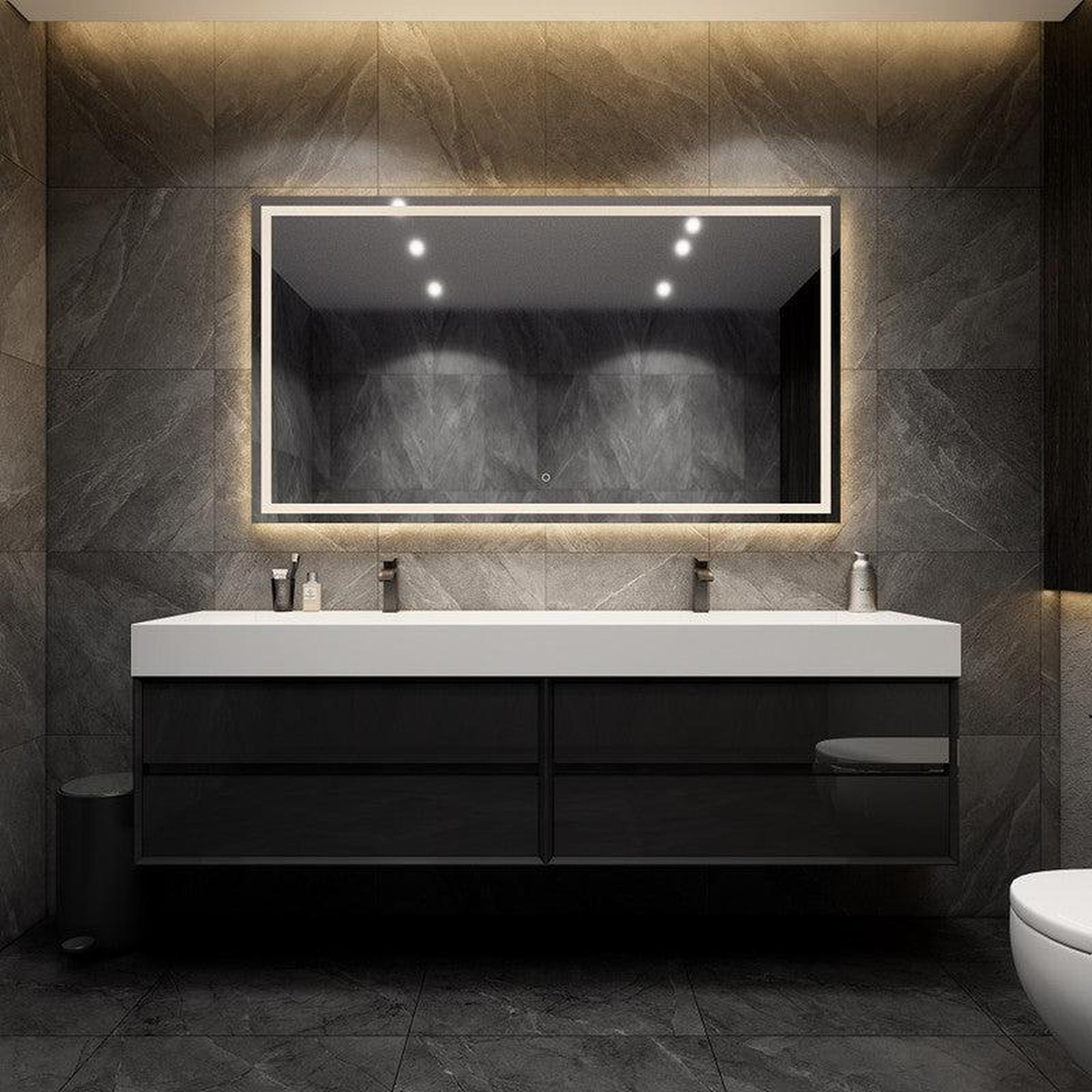 Prime 84" Gloss Black Wall-Mounted Vanity With Double Faucet Holes and Reinforced White Acrylic Sink