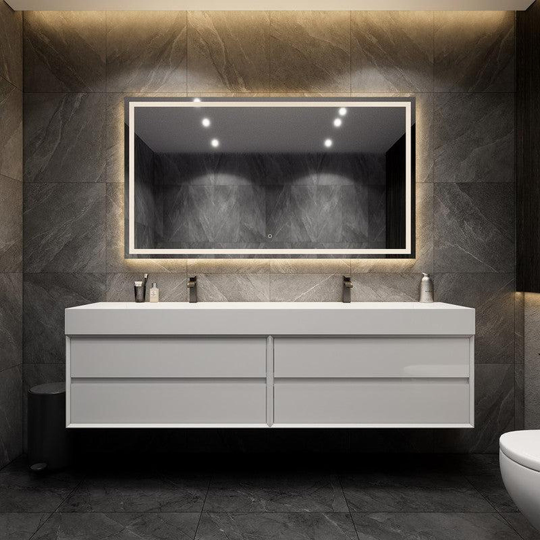 Prime 84" Gloss White Wall-Mounted Vanity With Double Faucet Holes and Reinforced White Acrylic Sink
