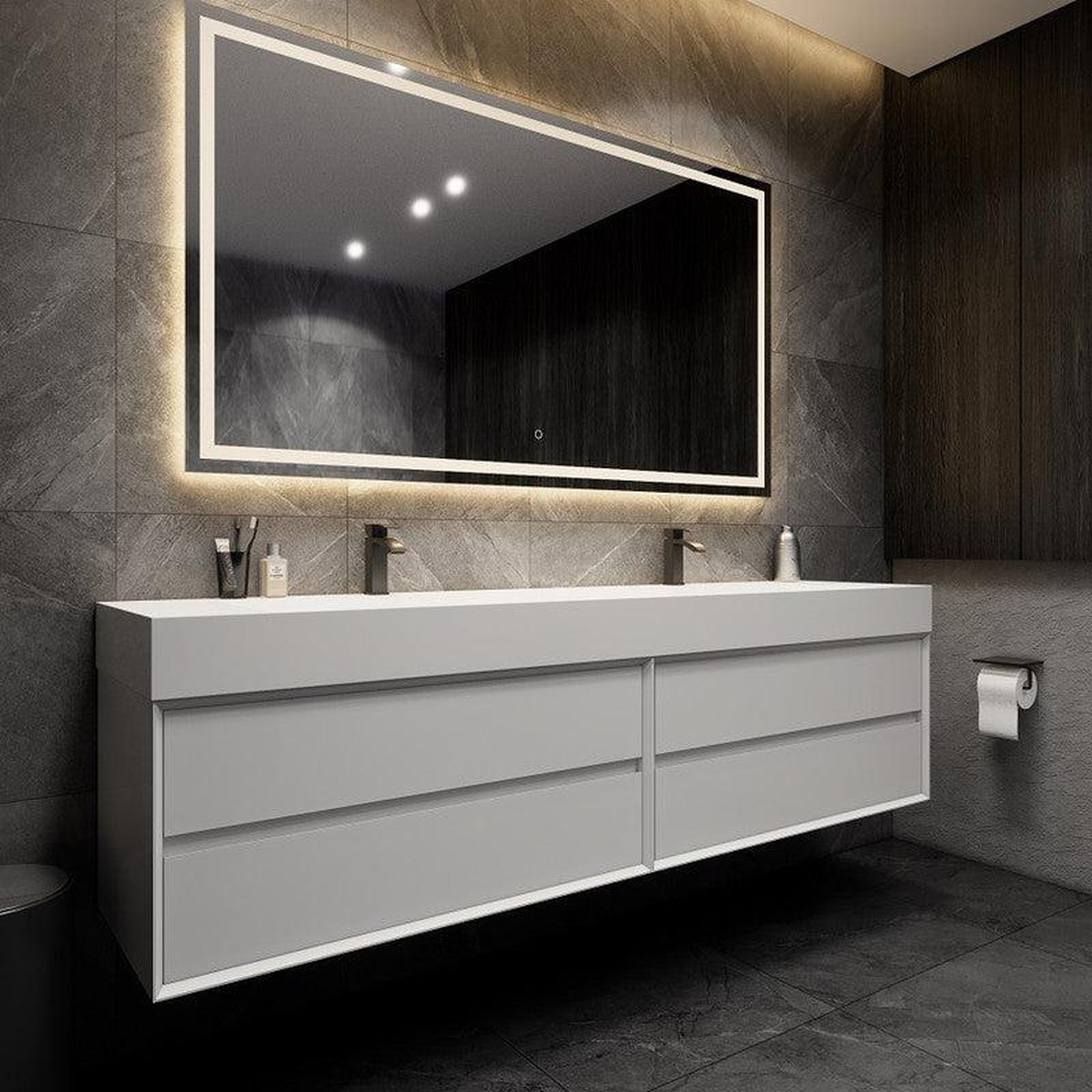 Prime 84" Gloss White Wall-Mounted Vanity With Double Faucet Holes and Reinforced White Acrylic Sink