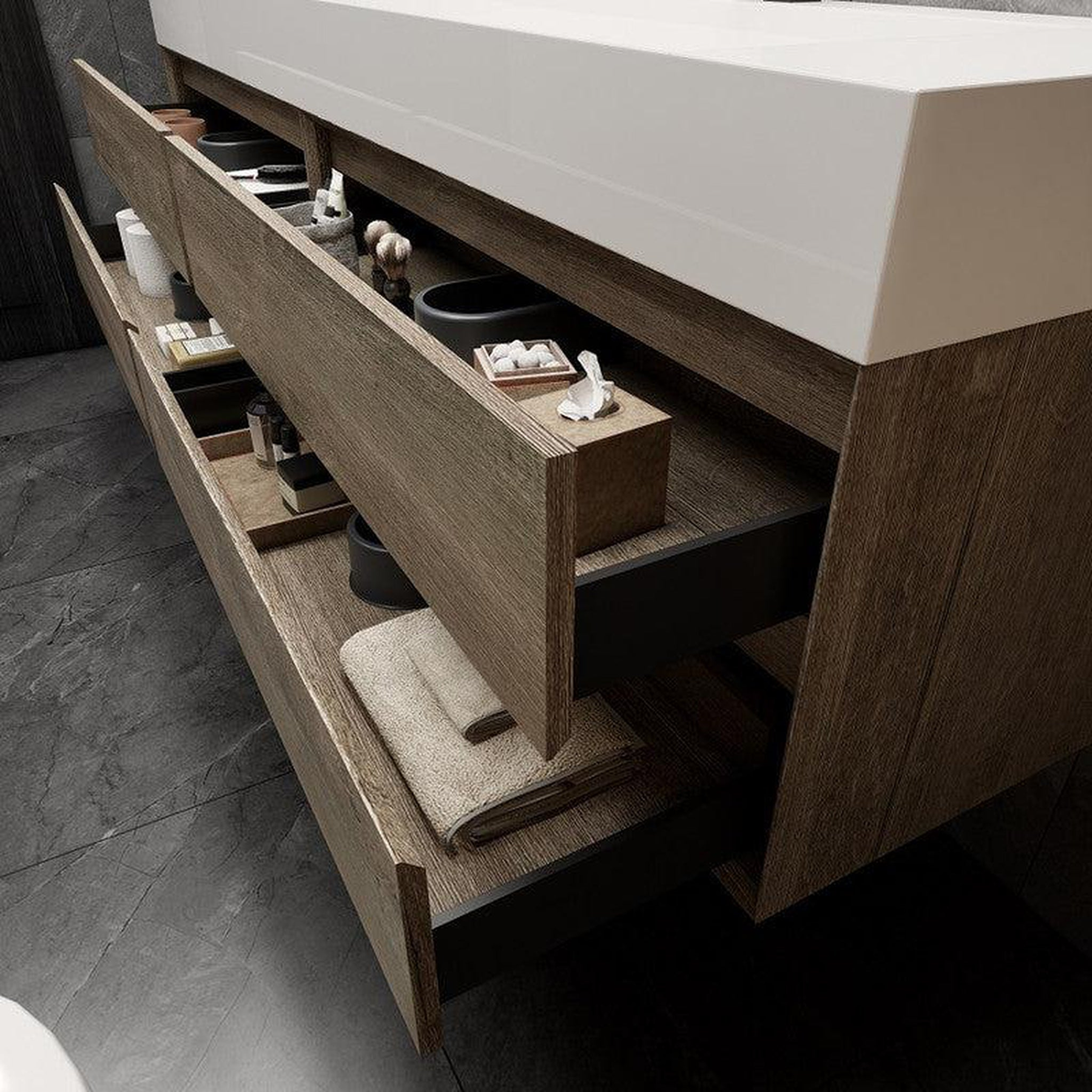 Prime 84" Gray Oak Wall-Mounted Vanity With Double Faucet Holes and Reinforced White Acrylic Sink
