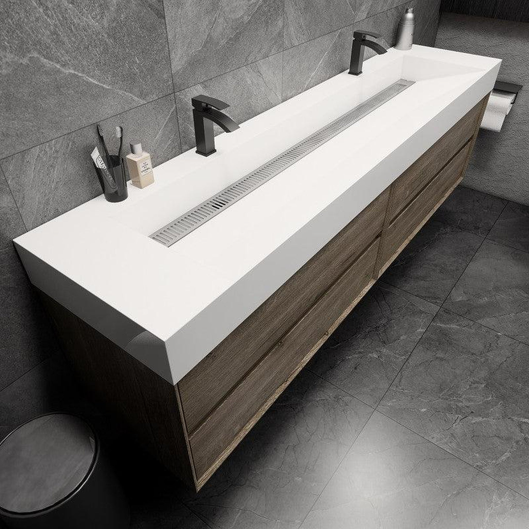 Prime 84" Gray Oak Wall-Mounted Vanity With Double Faucet Holes and Reinforced White Acrylic Sink