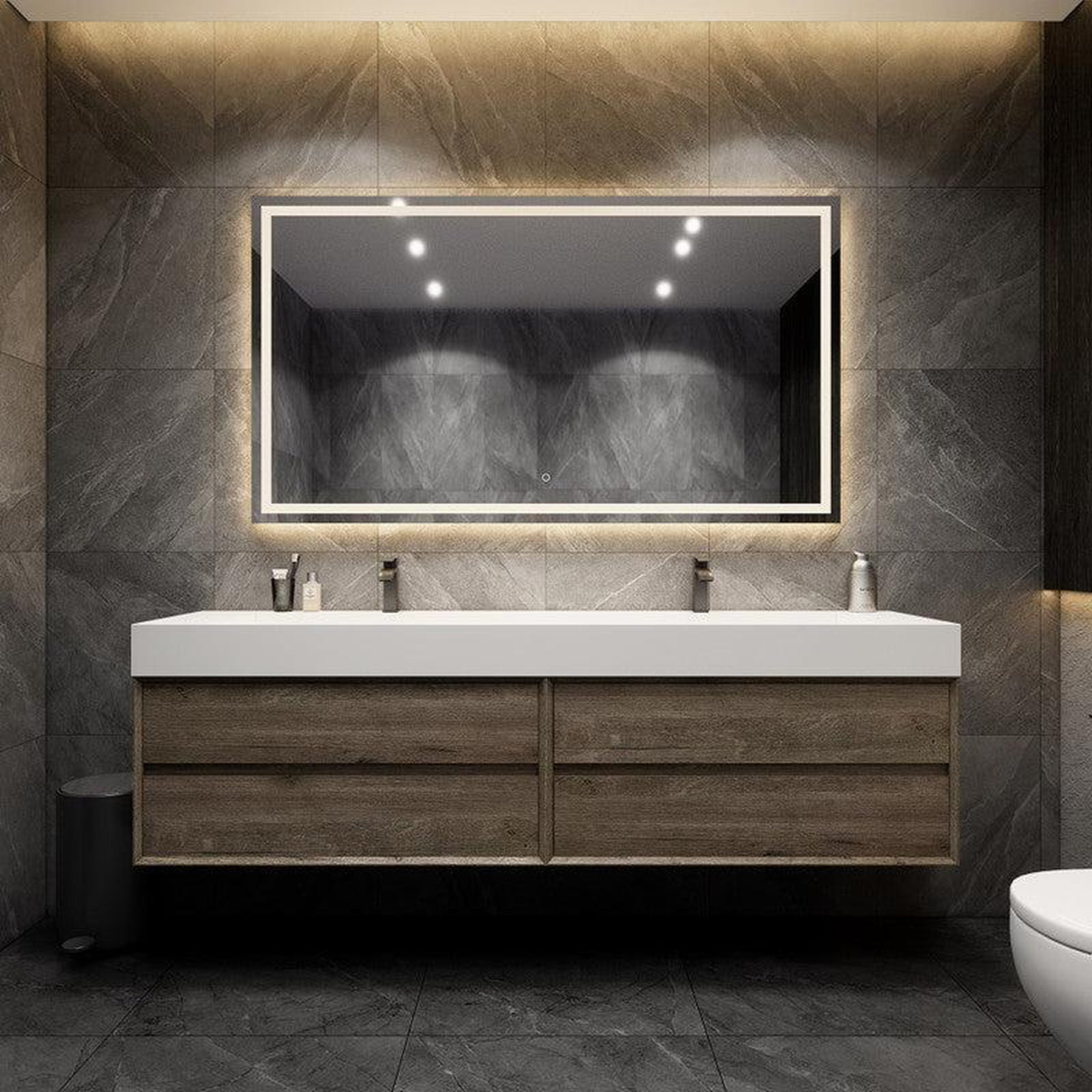 Prime 84" Gray Oak Wall-Mounted Vanity With Double Faucet Holes and Reinforced White Acrylic Sink