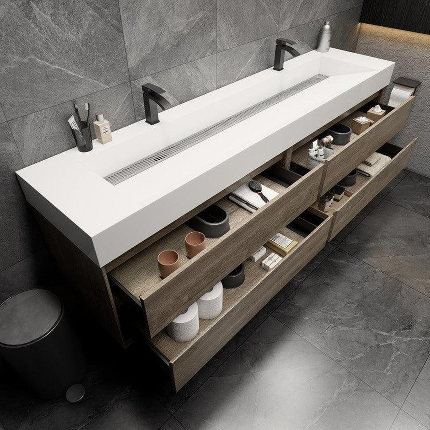 Prime 84" Gray Oak Wall-Mounted Vanity With Double Faucet Holes and Reinforced White Acrylic Sink