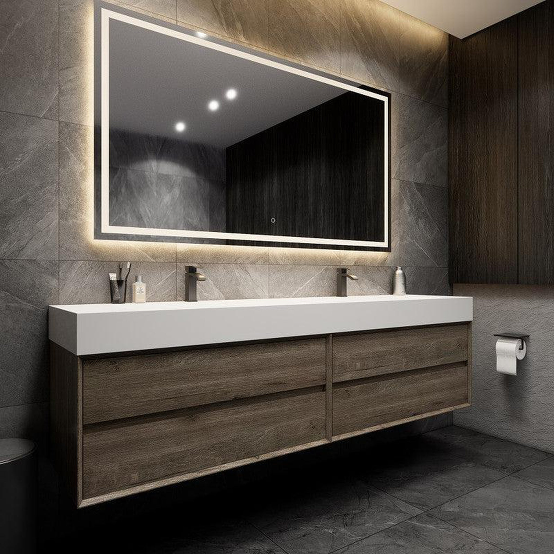 Prime 84" Gray Oak Wall-Mounted Vanity With Double Faucet Holes and Reinforced White Acrylic Sink