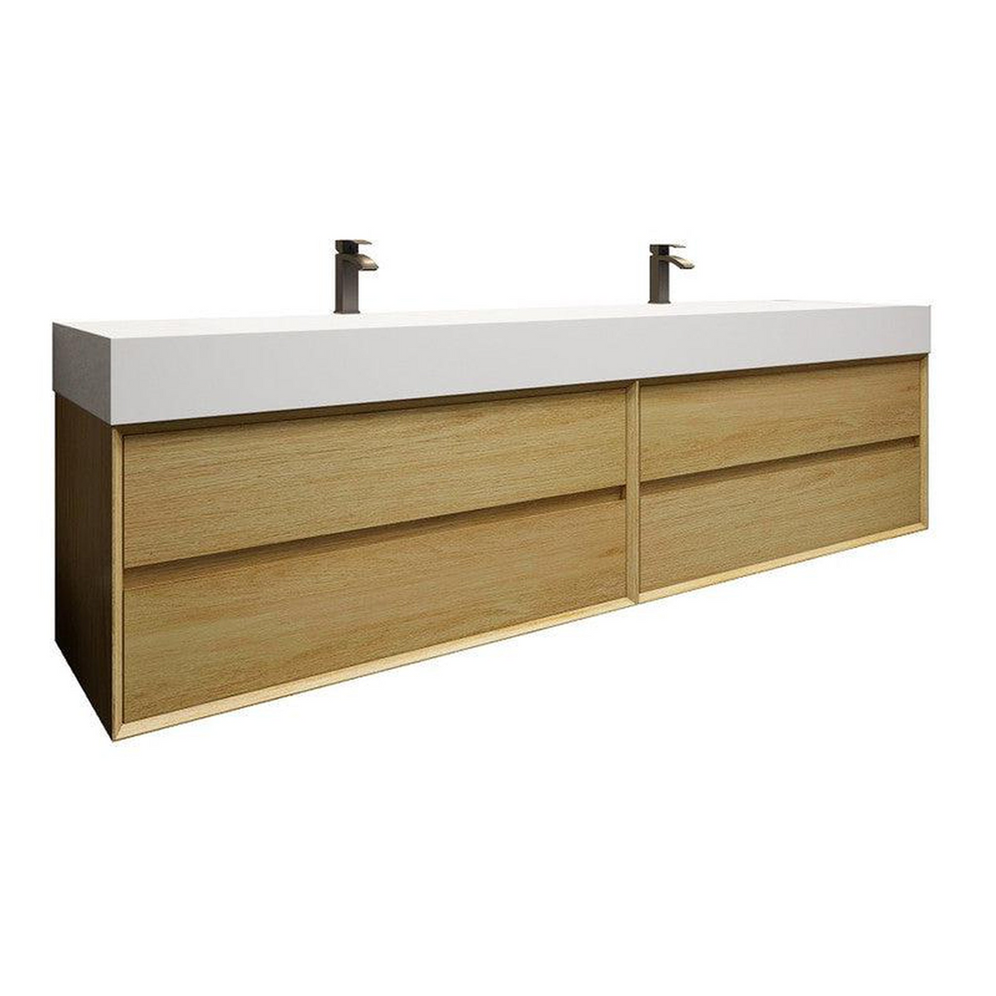 Prime 84" Teak Oak Wall-Mounted Vanity With Double Faucet Holes and Reinforced White Acrylic Sink
