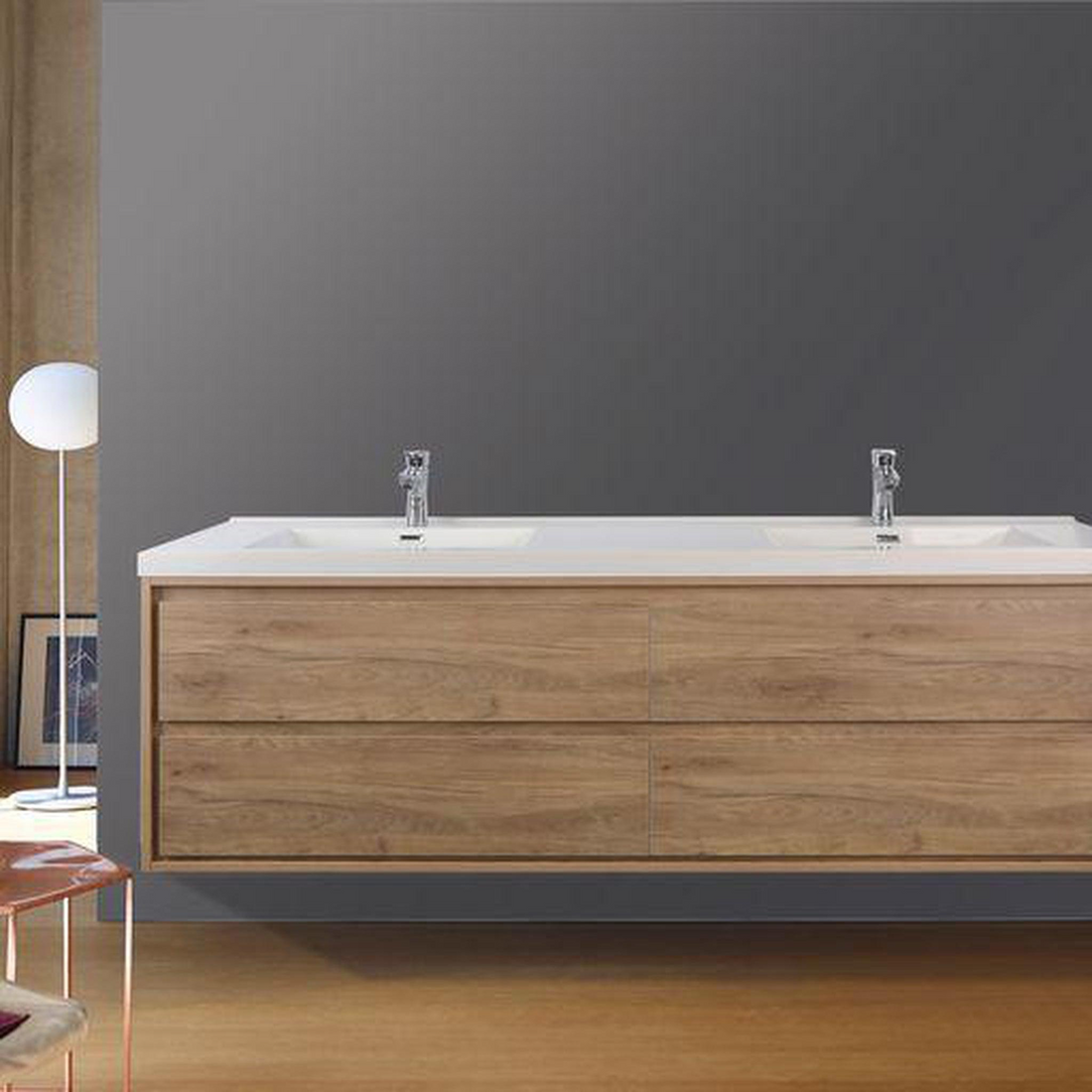 Eden 72" White Oak Wall-Mounted Modern Vanity With Double Reinforced White Acrylic Sinks