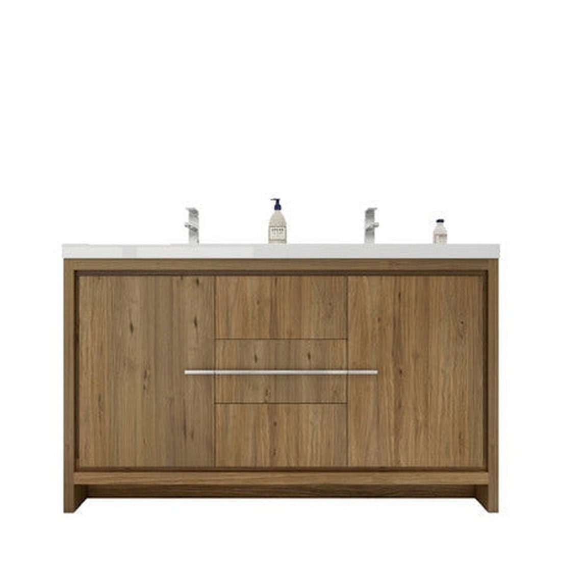 Amara 60" Natural Oak Freestanding Vanity With Double Reinforced White Acrylic Sinks