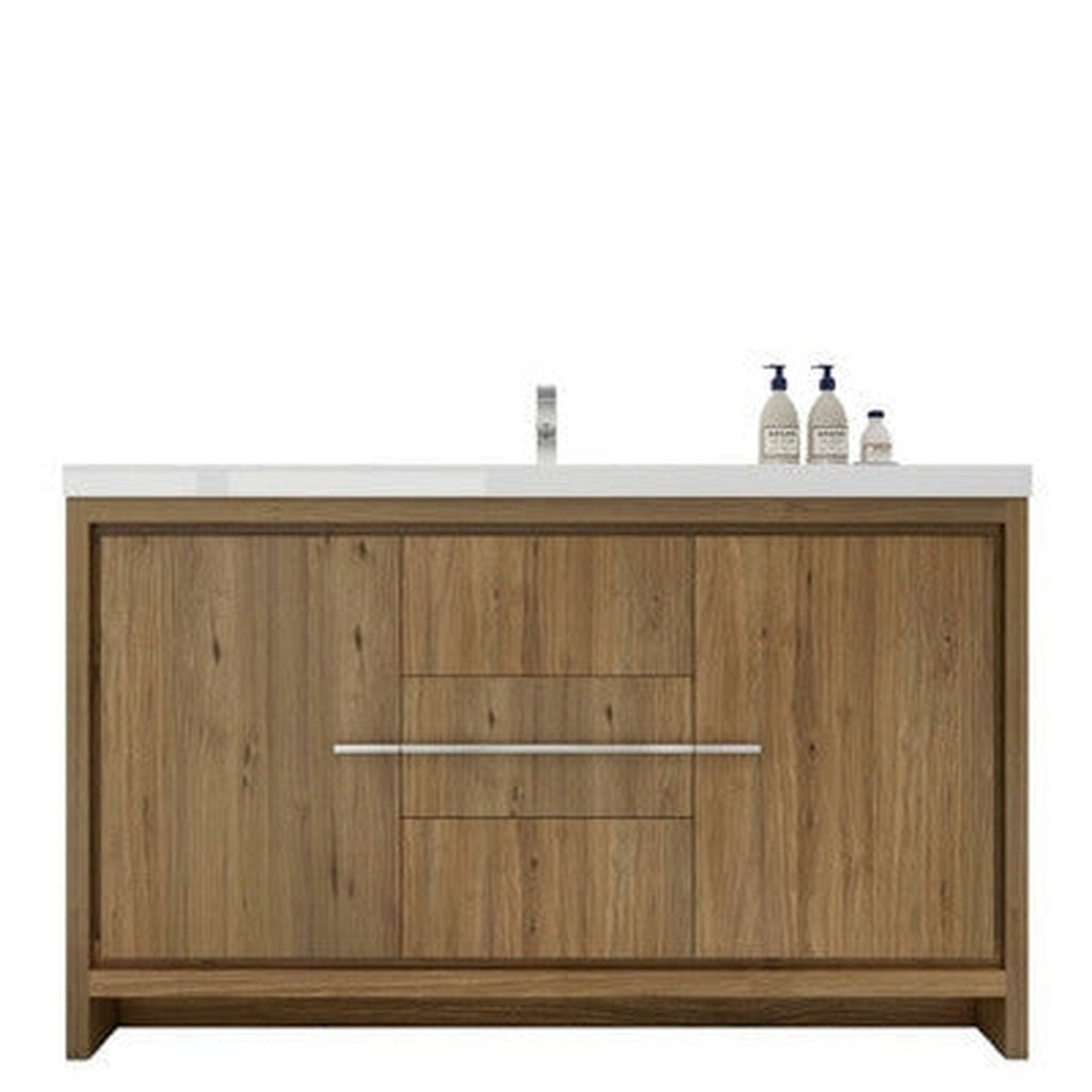 Amara 60" Natural Oak Freestanding Vanity With Single Reinforced White Acrylic Sink