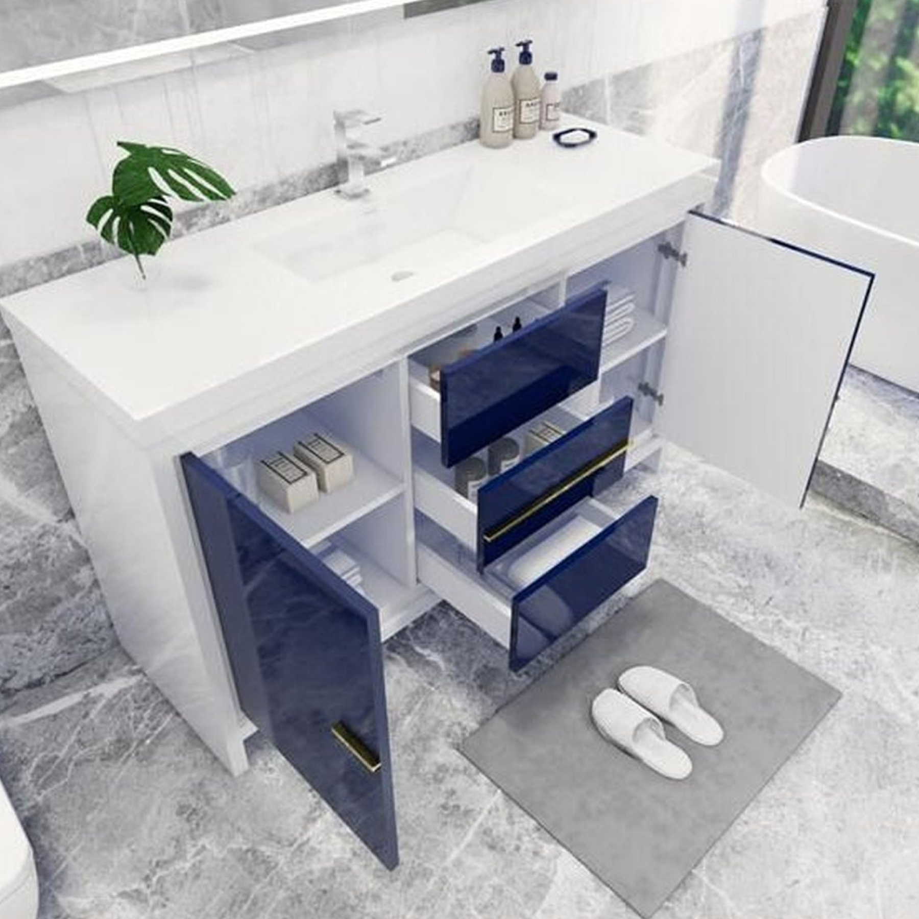 Amara 60" High Gloss Night Blue Freestanding Vanity With Single Reinforced White Acrylic Sink