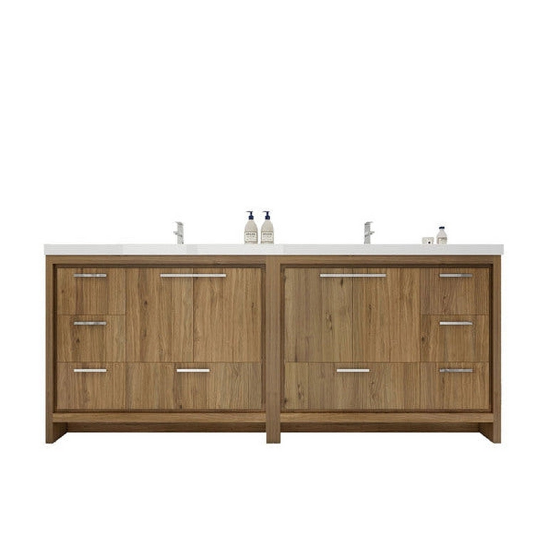 Amara 84" Natural Oak Freestanding Vanity With Double Reinforced White Acrylic Sinks