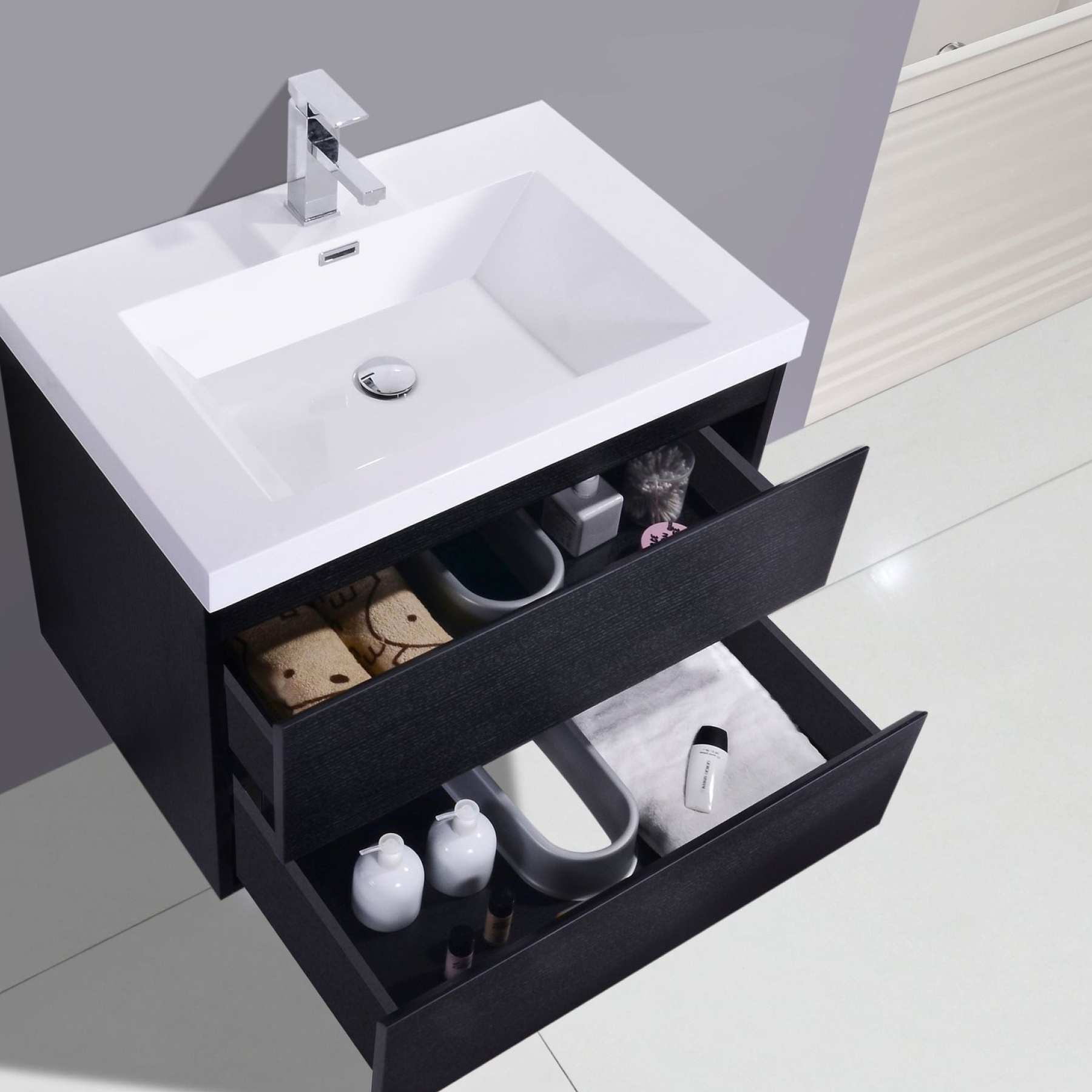 Boho Elegance 30" Rich Black Wall-Mounted Vanity With Single Reinforced White Acrylic Sink