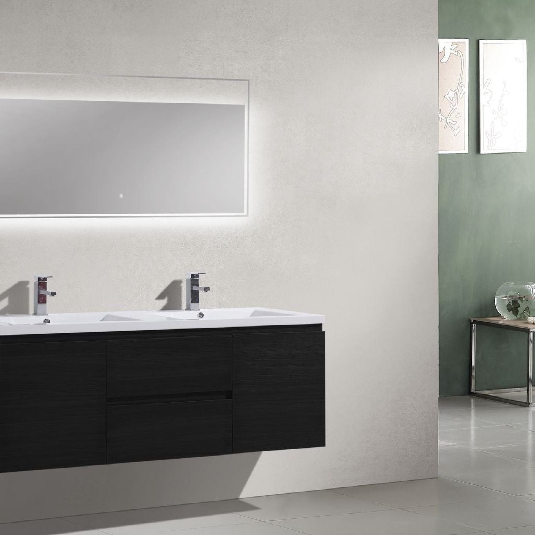 Boho Elegance 60" Rich Black Wall-Mounted Vanity With Double Reinforced White Acrylic Sinks