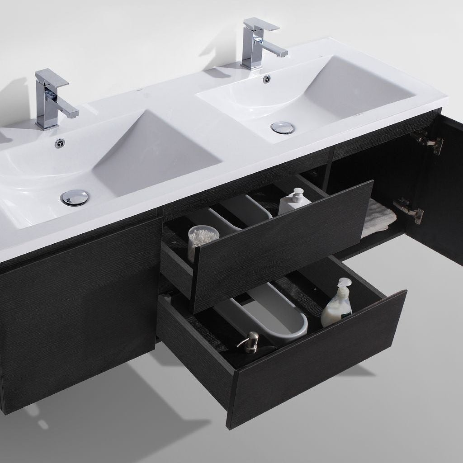 Boho Elegance 60" Rich Black Wall-Mounted Vanity With Double Reinforced White Acrylic Sinks